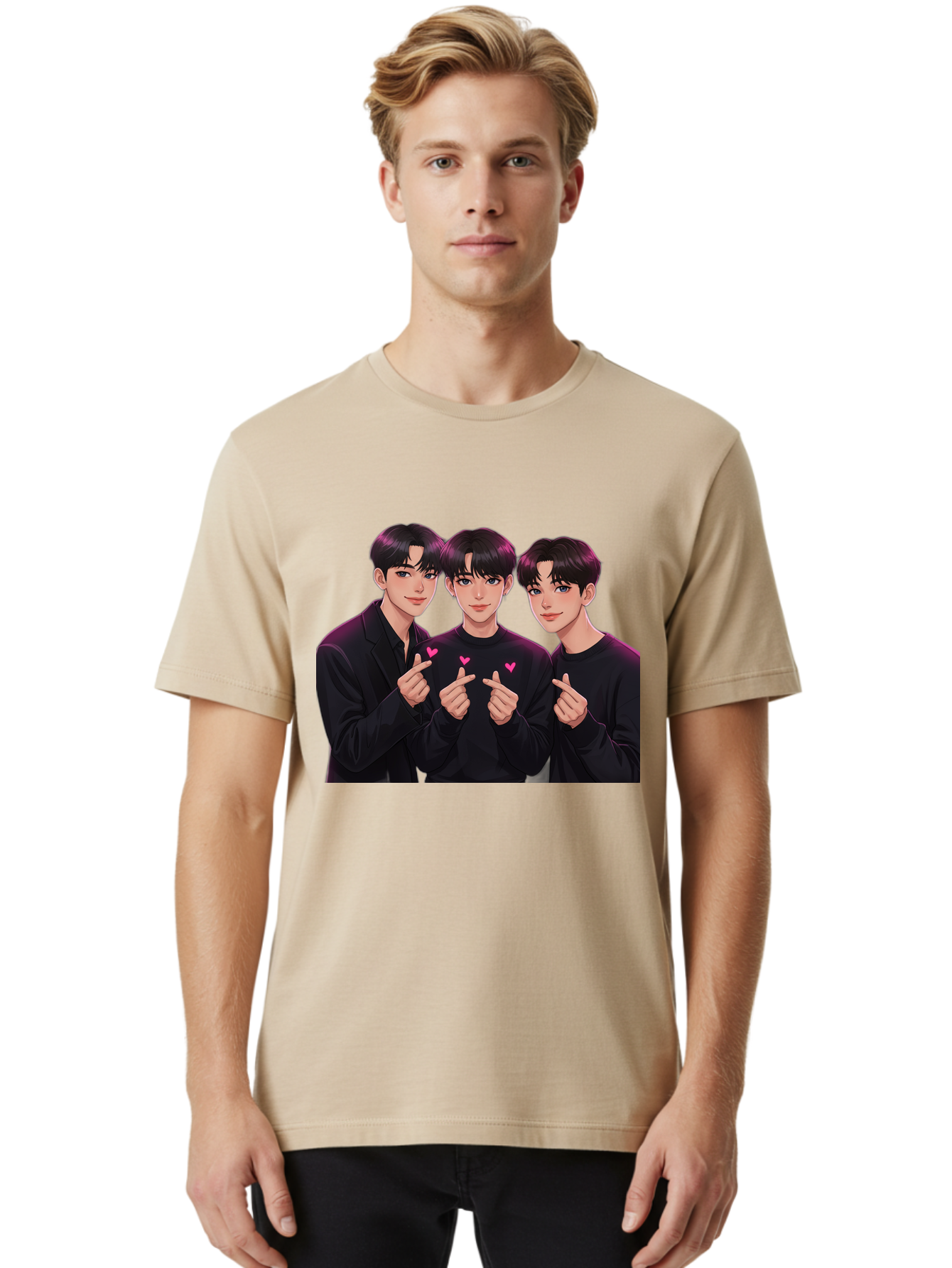 Three-Men-Pointing Men'S Graphic Tee, 100% Cotton, Comfortable Casual Summer Wear, Machine Washable, Young Men With Black Hair, Black Shirts, Pink Hearts, Finger Pointing, K-Pop Style, Group Portrait, Modern Fashion, Trendy Gesture, Bac519