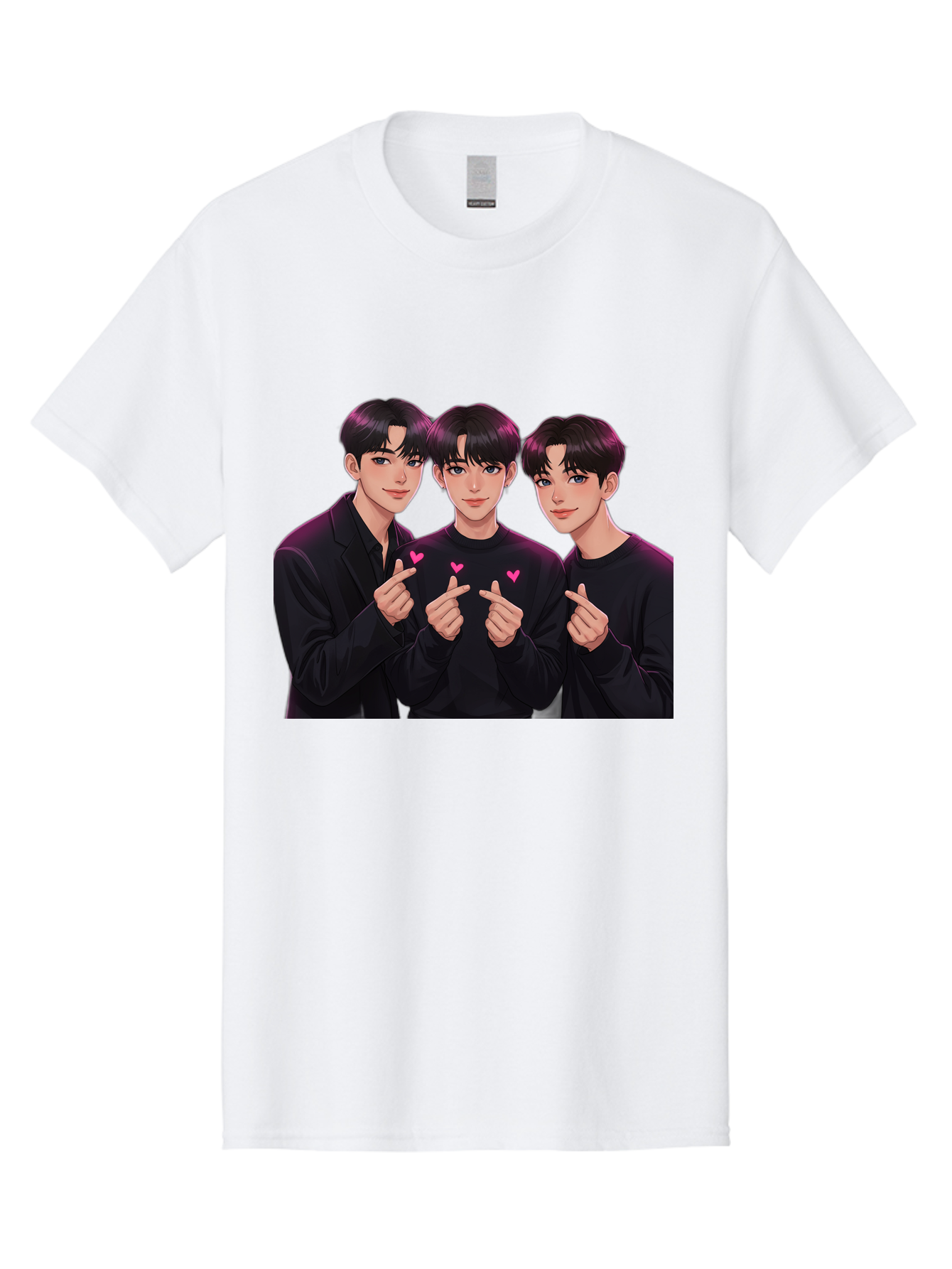 Three-Men-Pointing Men'S Graphic Tee, 100% Cotton, Comfortable Casual Summer Wear, Machine Washable, Young Men With Black Hair, Black Shirts, Pink Hearts, Finger Pointing, K-Pop Style, Group Portrait, Modern Fashion, Trendy Gesture, Bac519