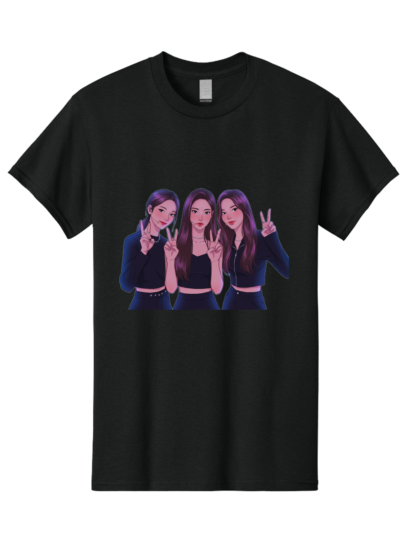 Three-Women-Posing Men'S Graphic Tee, 100% Cotton, Comfortable Casual Summer Wear, Machine Washable, Cartoon Women, Peace Signs, Long Hair, Black Outfits, Girl Power, Friendship, Playful Gestures, K-Pop Style, Pop Art Bac520