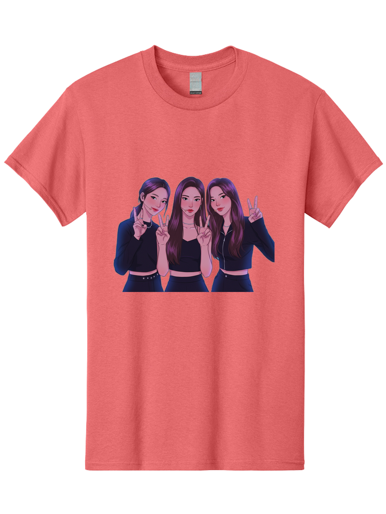 Three-Women-Posing Men'S Graphic Tee, 100% Cotton, Comfortable Casual Summer Wear, Machine Washable, Cartoon Women, Peace Signs, Long Hair, Black Outfits, Girl Power, Friendship, Playful Gestures, K-Pop Style, Pop Art Bac520