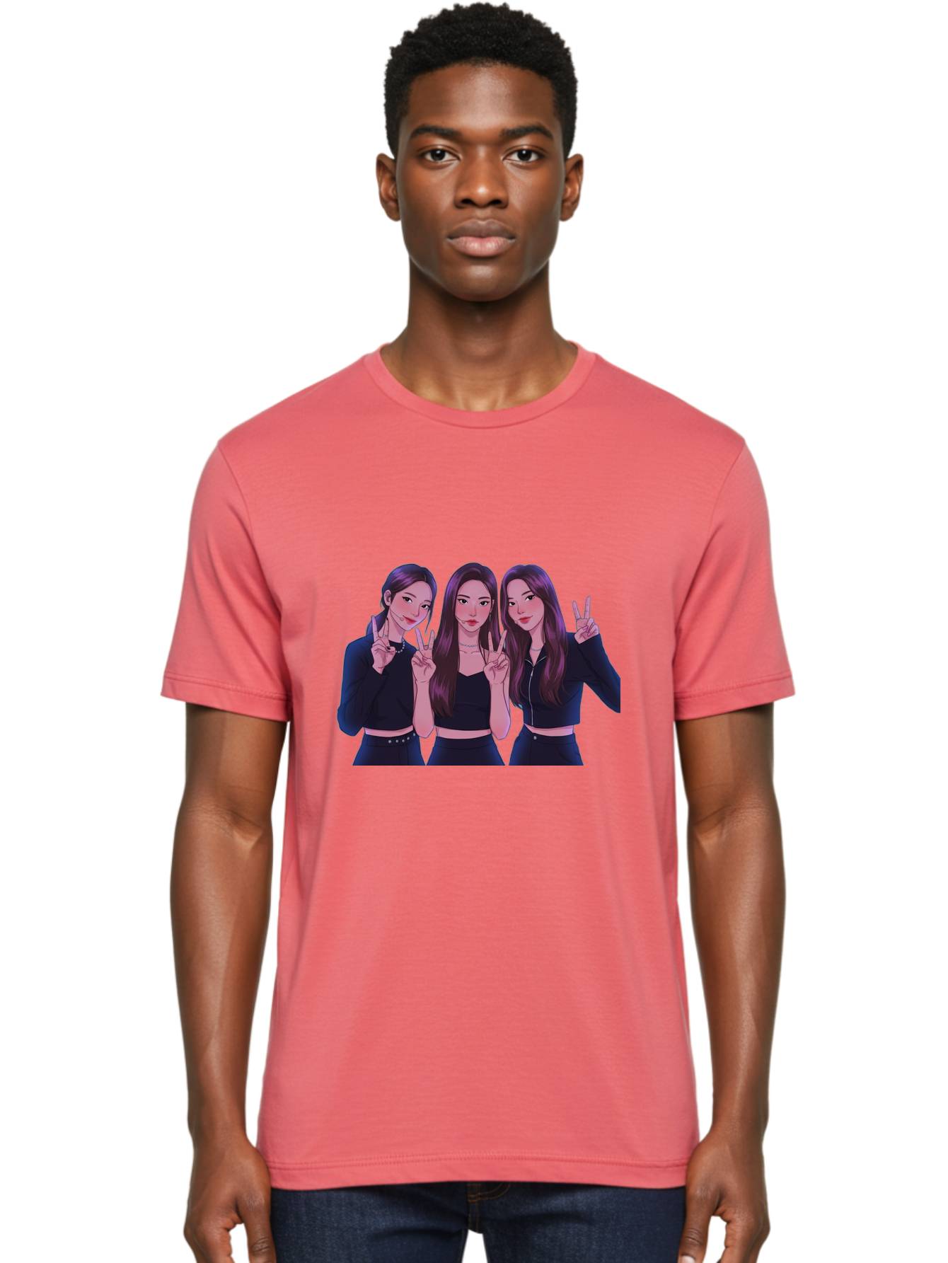 Three-Women-Posing Men'S Graphic Tee, 100% Cotton, Comfortable Casual Summer Wear, Machine Washable, Cartoon Women, Peace Signs, Long Hair, Black Outfits, Girl Power, Friendship, Playful Gestures, K-Pop Style, Pop Art Bac520