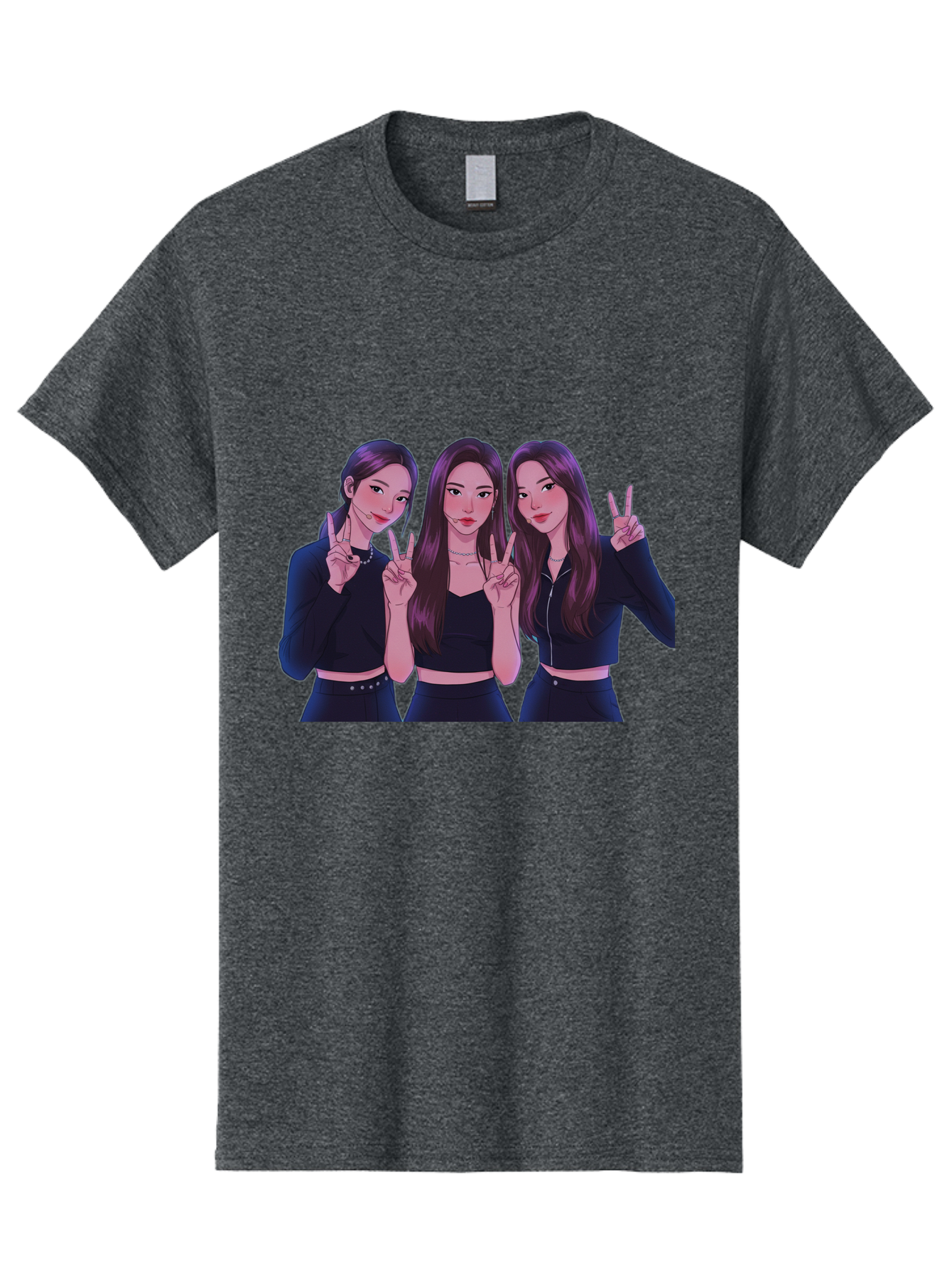 Three-Women-Posing Men'S Graphic Tee, 100% Cotton, Comfortable Casual Summer Wear, Machine Washable, Cartoon Women, Peace Signs, Long Hair, Black Outfits, Girl Power, Friendship, Playful Gestures, K-Pop Style, Pop Art Bac520