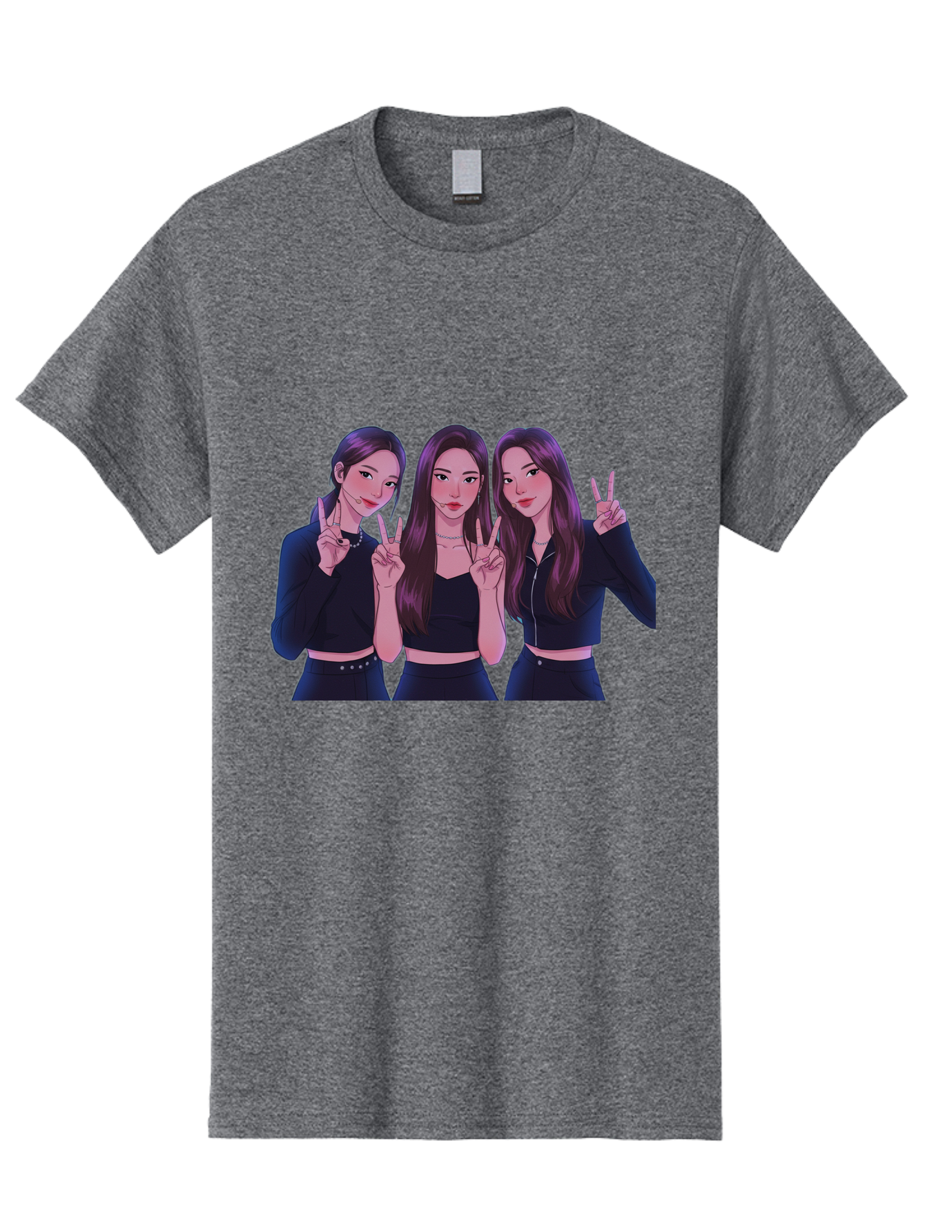 Three-Women-Posing Men'S Graphic Tee, 100% Cotton, Comfortable Casual Summer Wear, Machine Washable, Cartoon Women, Peace Signs, Long Hair, Black Outfits, Girl Power, Friendship, Playful Gestures, K-Pop Style, Pop Art Bac520