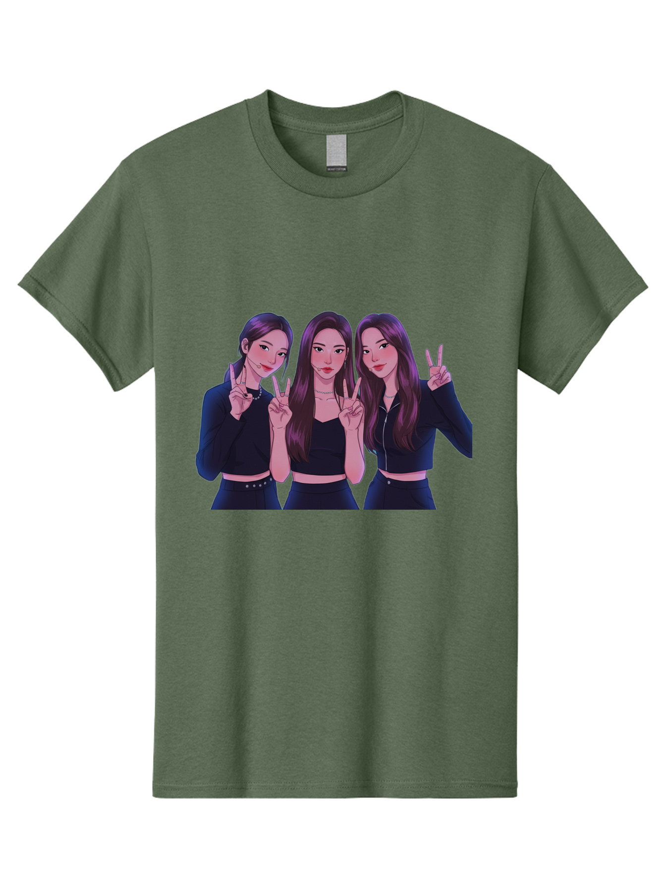 Three-Women-Posing Men'S Graphic Tee, 100% Cotton, Comfortable Casual Summer Wear, Machine Washable, Cartoon Women, Peace Signs, Long Hair, Black Outfits, Girl Power, Friendship, Playful Gestures, K-Pop Style, Pop Art Bac520