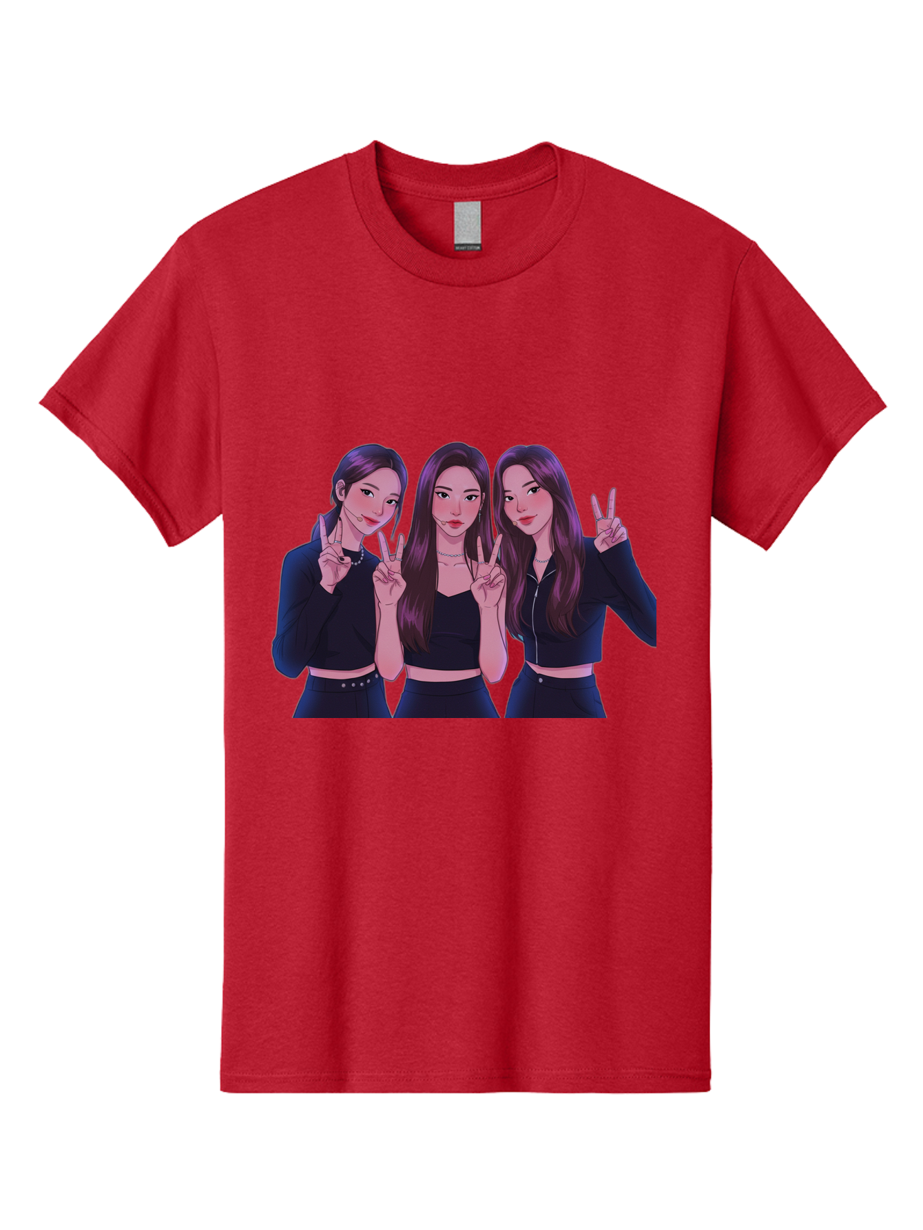 Three-Women-Posing Men'S Graphic Tee, 100% Cotton, Comfortable Casual Summer Wear, Machine Washable, Cartoon Women, Peace Signs, Long Hair, Black Outfits, Girl Power, Friendship, Playful Gestures, K-Pop Style, Pop Art Bac520