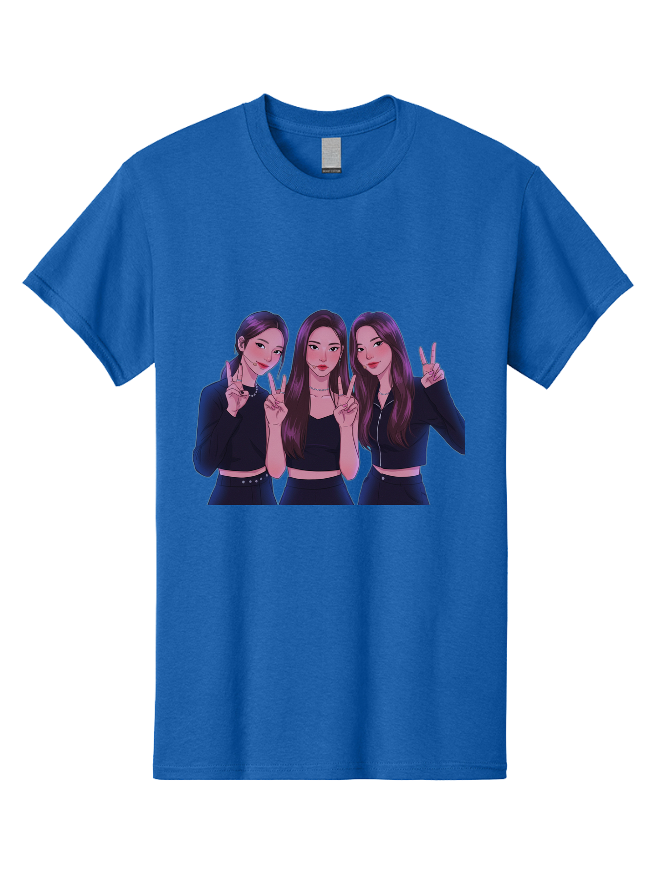 Three-Women-Posing Men'S Graphic Tee, 100% Cotton, Comfortable Casual Summer Wear, Machine Washable, Cartoon Women, Peace Signs, Long Hair, Black Outfits, Girl Power, Friendship, Playful Gestures, K-Pop Style, Pop Art Bac520