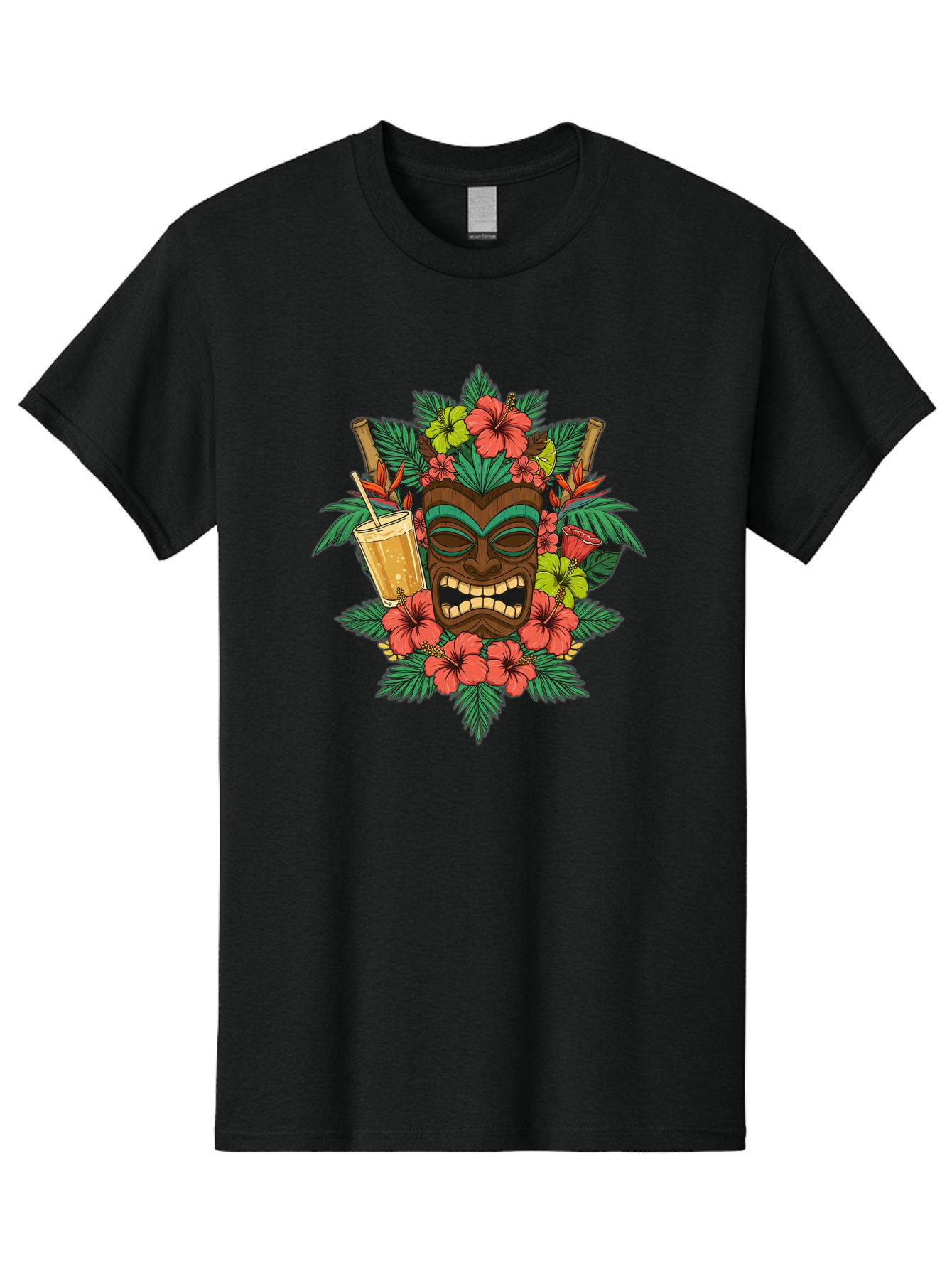Tiki-Mask Men'S Graphic Tee, 100% Cotton, Comfortable Casual Summer Wear, Machine Washable, Tiki Mask Design, Tropical Flowers, Hibiscus, Cocktail, Straw, Bamboo, Vibrant Colors, Summer Vibes, Hawaiian Style, Tropical Getaway, Island Life, Bac521