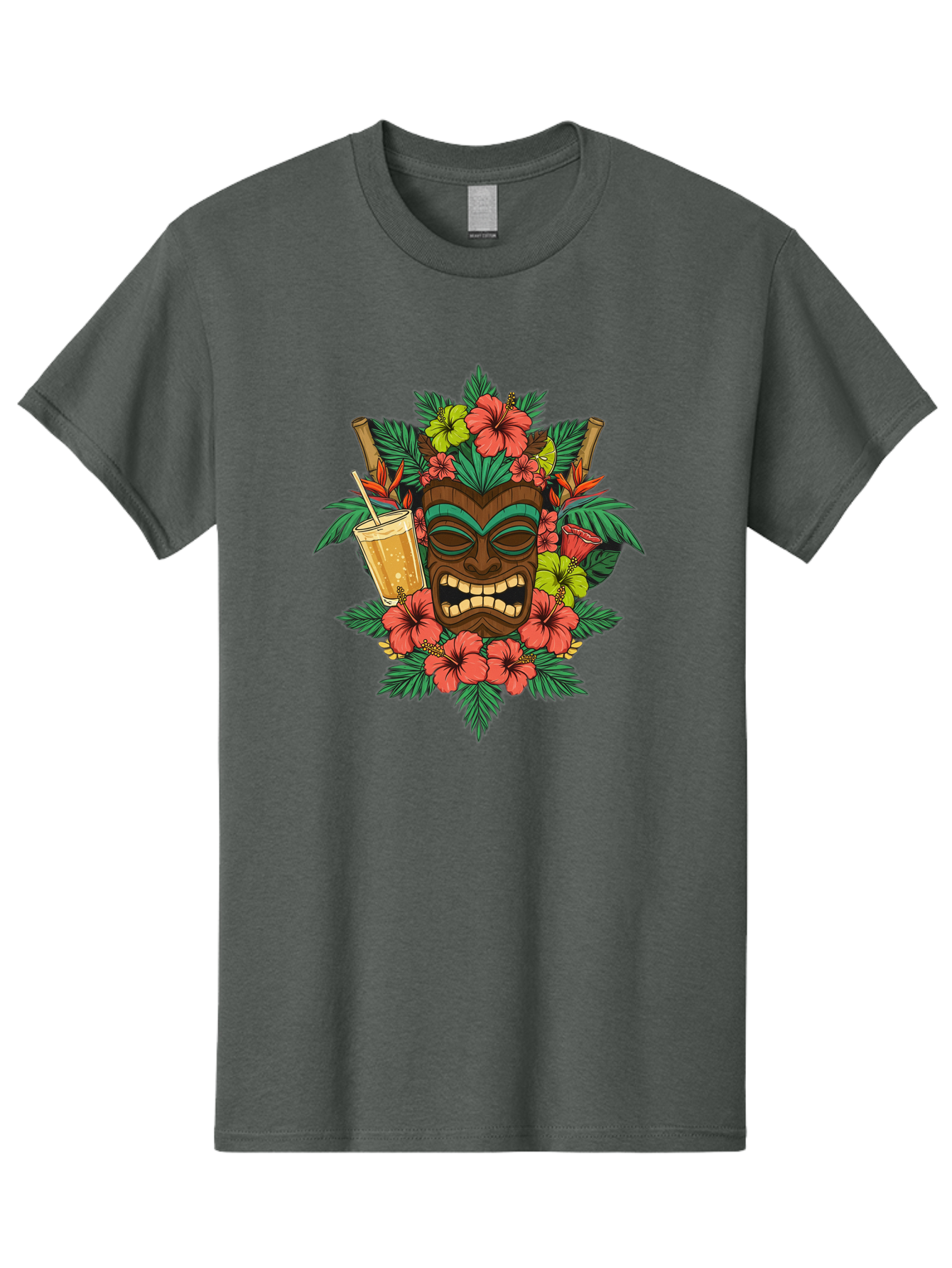 Tiki-Mask Men'S Graphic Tee, 100% Cotton, Comfortable Casual Summer Wear, Machine Washable, Tiki Mask Design, Tropical Flowers, Hibiscus, Cocktail, Straw, Bamboo, Vibrant Colors, Summer Vibes, Hawaiian Style, Tropical Getaway, Island Life, Bac521