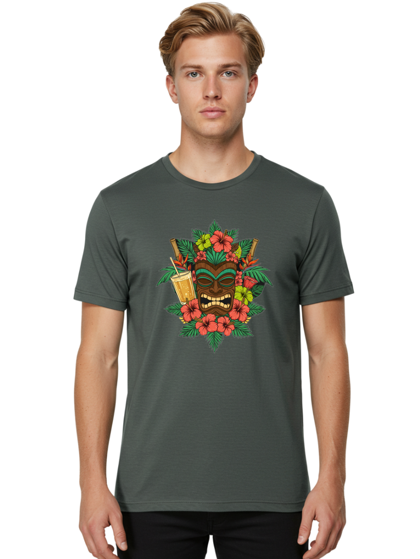 Tiki-Mask Men'S Graphic Tee, 100% Cotton, Comfortable Casual Summer Wear, Machine Washable, Tiki Mask Design, Tropical Flowers, Hibiscus, Cocktail, Straw, Bamboo, Vibrant Colors, Summer Vibes, Hawaiian Style, Tropical Getaway, Island Life, Bac521