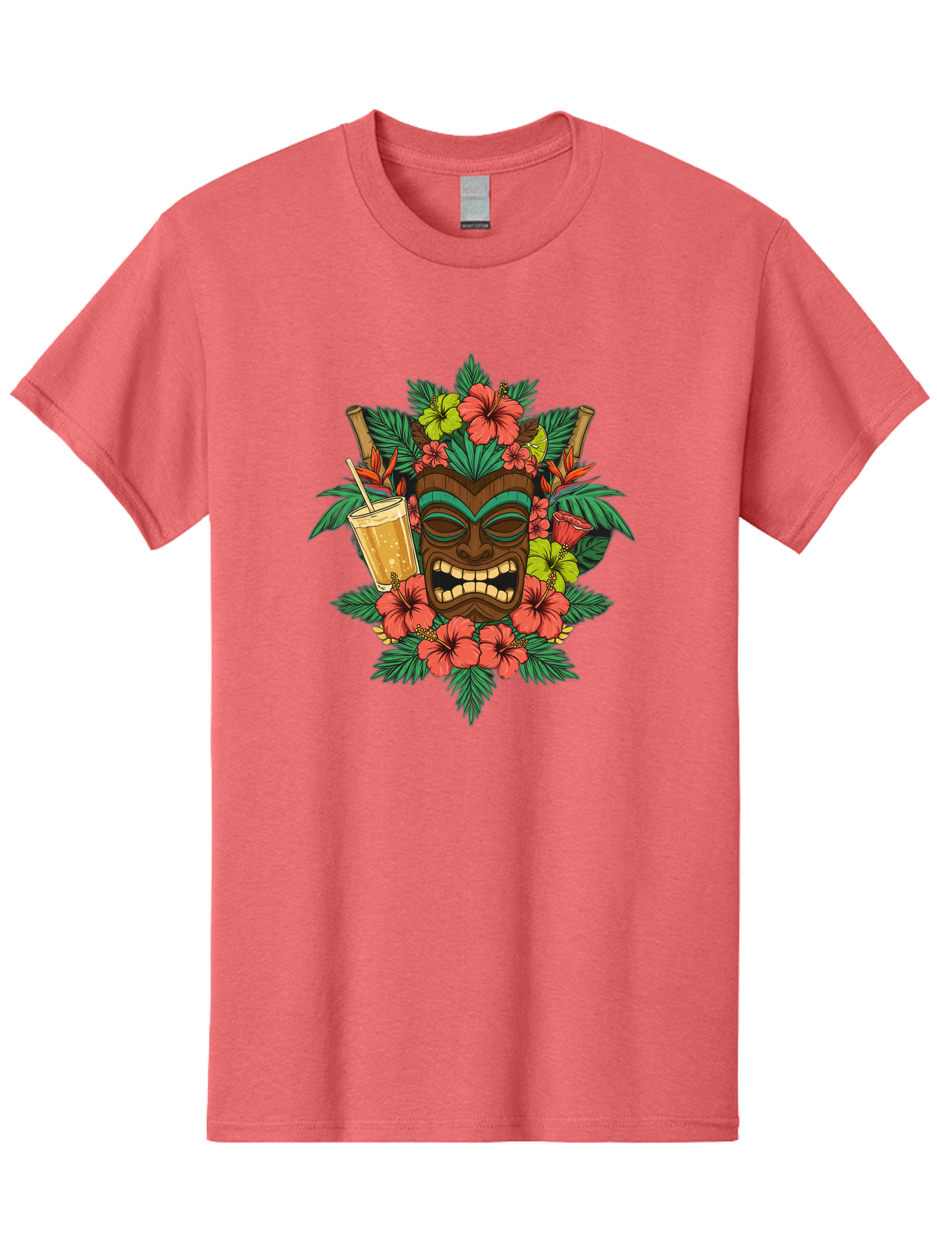 Tiki-Mask Men'S Graphic Tee, 100% Cotton, Comfortable Casual Summer Wear, Machine Washable, Tiki Mask Design, Tropical Flowers, Hibiscus, Cocktail, Straw, Bamboo, Vibrant Colors, Summer Vibes, Hawaiian Style, Tropical Getaway, Island Life, Bac521
