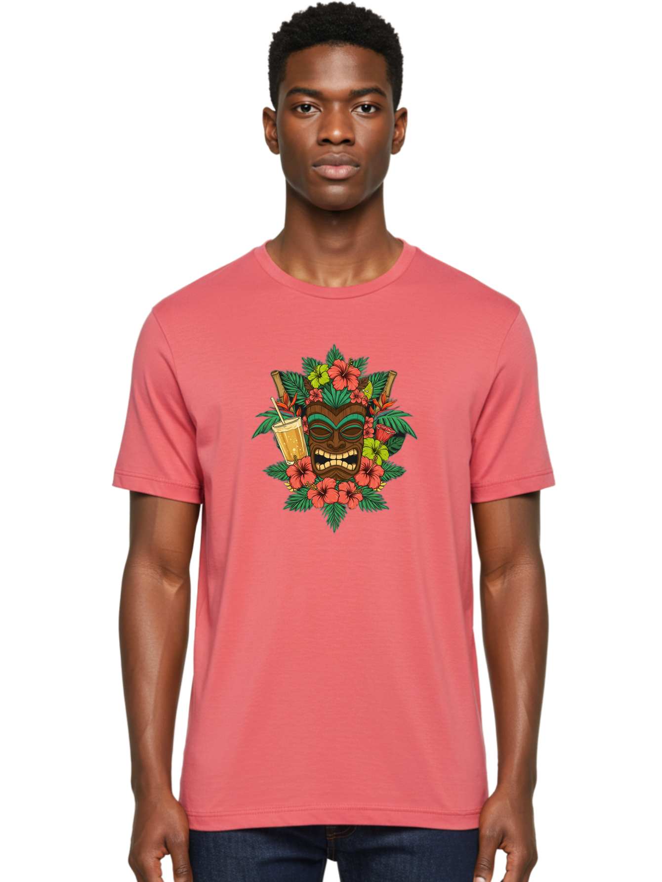 Tiki-Mask Men'S Graphic Tee, 100% Cotton, Comfortable Casual Summer Wear, Machine Washable, Tiki Mask Design, Tropical Flowers, Hibiscus, Cocktail, Straw, Bamboo, Vibrant Colors, Summer Vibes, Hawaiian Style, Tropical Getaway, Island Life, Bac521