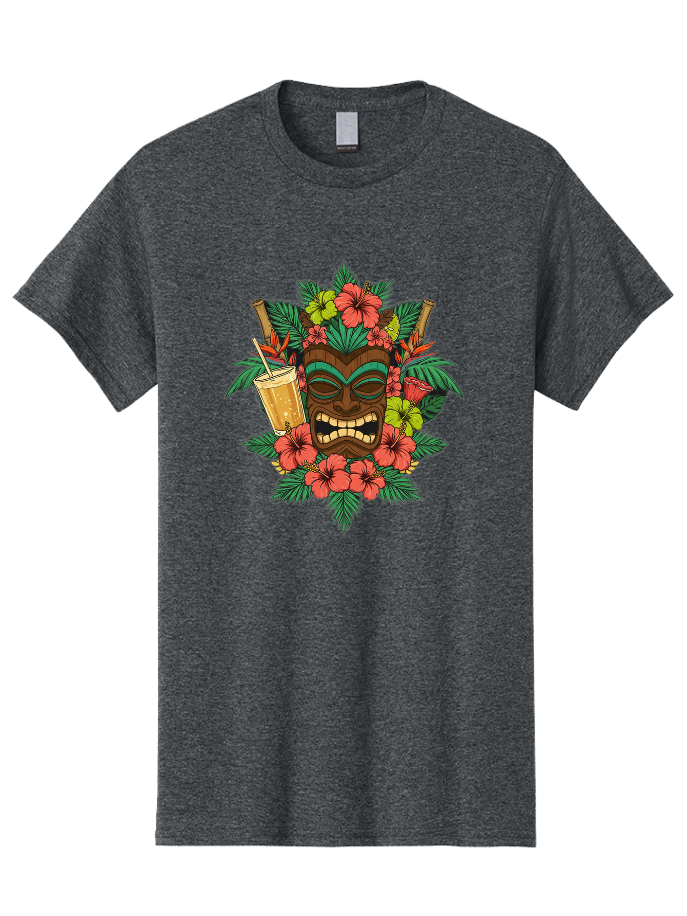Tiki-Mask Men'S Graphic Tee, 100% Cotton, Comfortable Casual Summer Wear, Machine Washable, Tiki Mask Design, Tropical Flowers, Hibiscus, Cocktail, Straw, Bamboo, Vibrant Colors, Summer Vibes, Hawaiian Style, Tropical Getaway, Island Life, Bac521