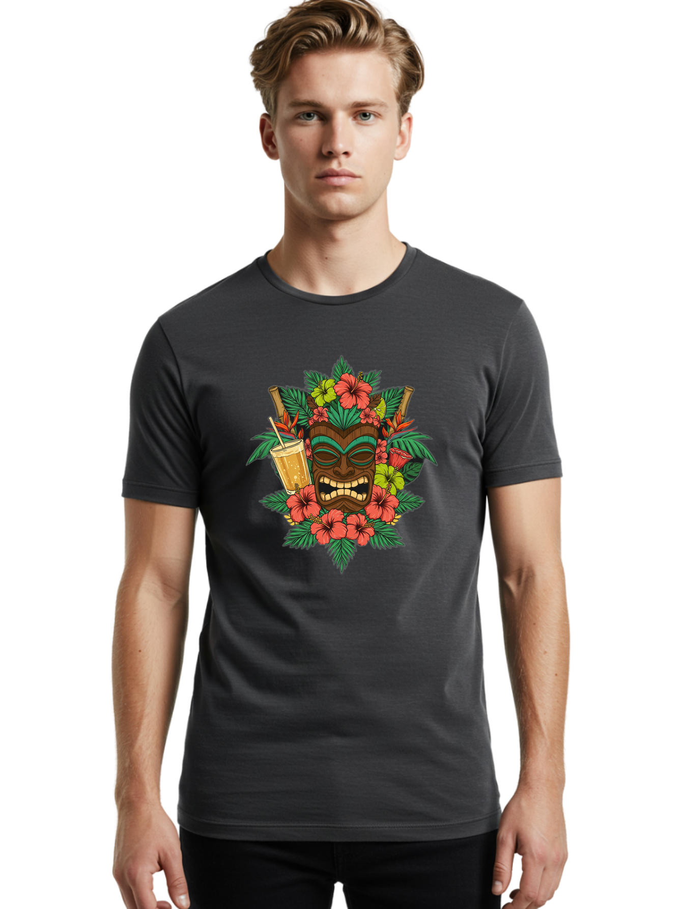 Tiki-Mask Men'S Graphic Tee, 100% Cotton, Comfortable Casual Summer Wear, Machine Washable, Tiki Mask Design, Tropical Flowers, Hibiscus, Cocktail, Straw, Bamboo, Vibrant Colors, Summer Vibes, Hawaiian Style, Tropical Getaway, Island Life, Bac521