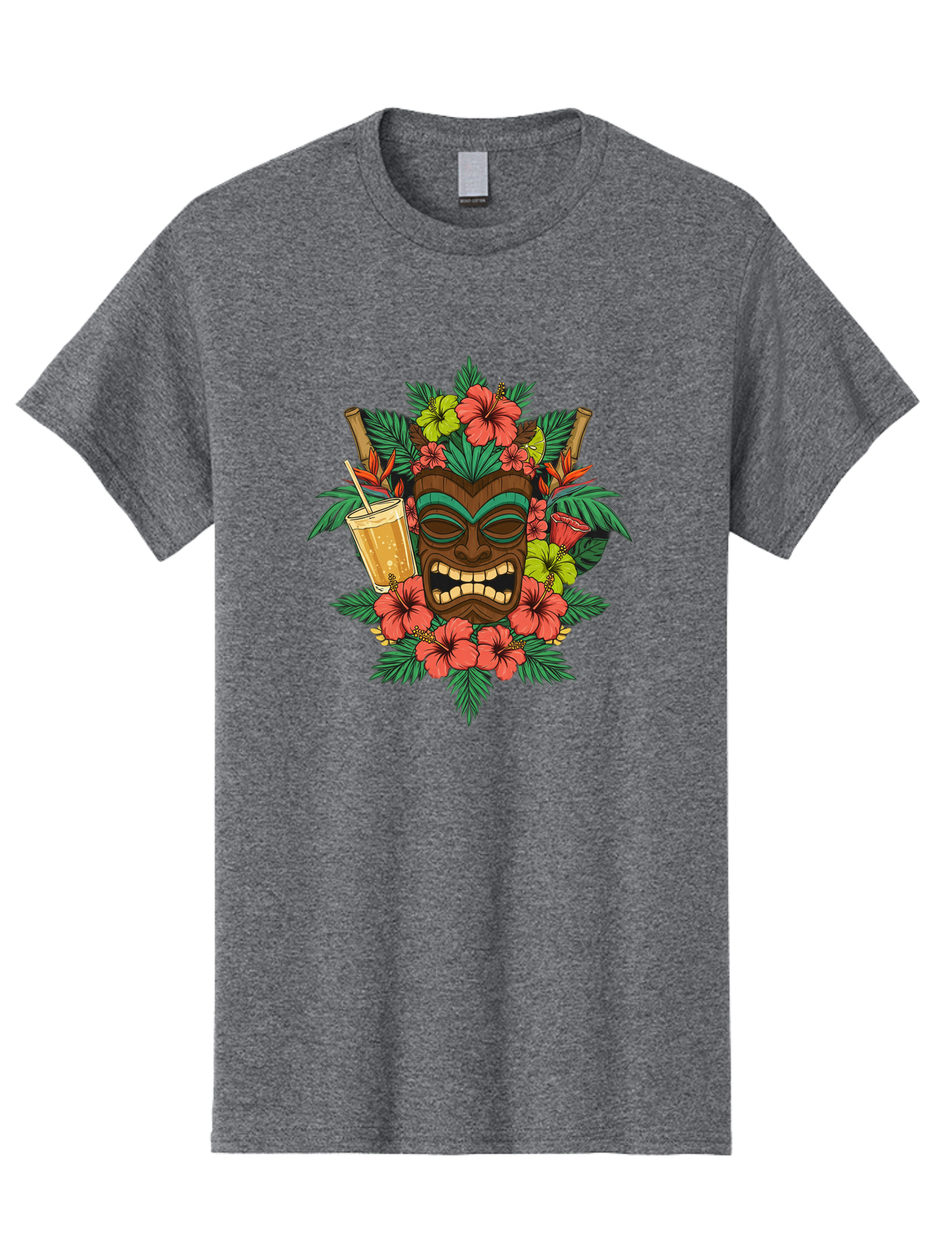 Tiki-Mask Men'S Graphic Tee, 100% Cotton, Comfortable Casual Summer Wear, Machine Washable, Tiki Mask Design, Tropical Flowers, Hibiscus, Cocktail, Straw, Bamboo, Vibrant Colors, Summer Vibes, Hawaiian Style, Tropical Getaway, Island Life, Bac521