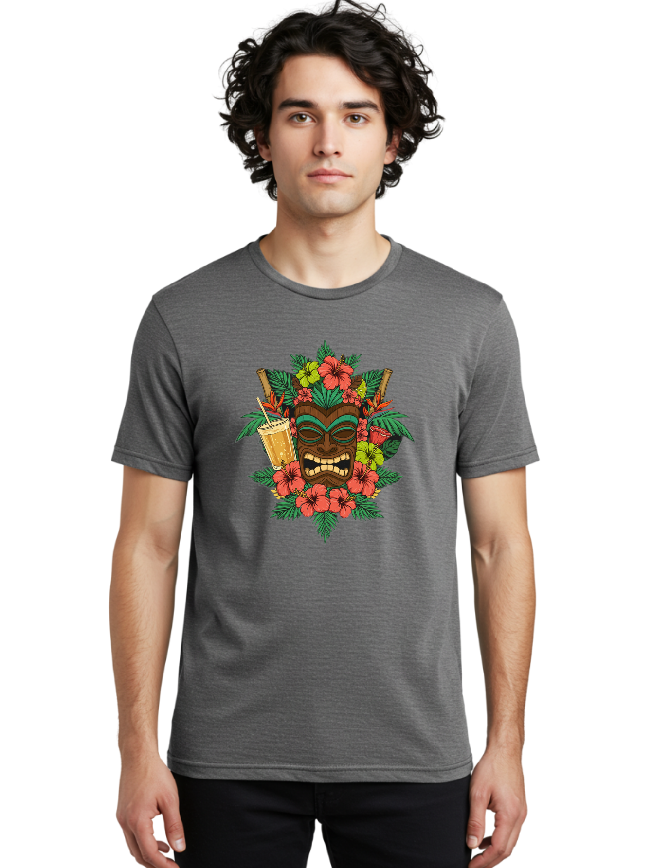 Tiki-Mask Men'S Graphic Tee, 100% Cotton, Comfortable Casual Summer Wear, Machine Washable, Tiki Mask Design, Tropical Flowers, Hibiscus, Cocktail, Straw, Bamboo, Vibrant Colors, Summer Vibes, Hawaiian Style, Tropical Getaway, Island Life, Bac521
