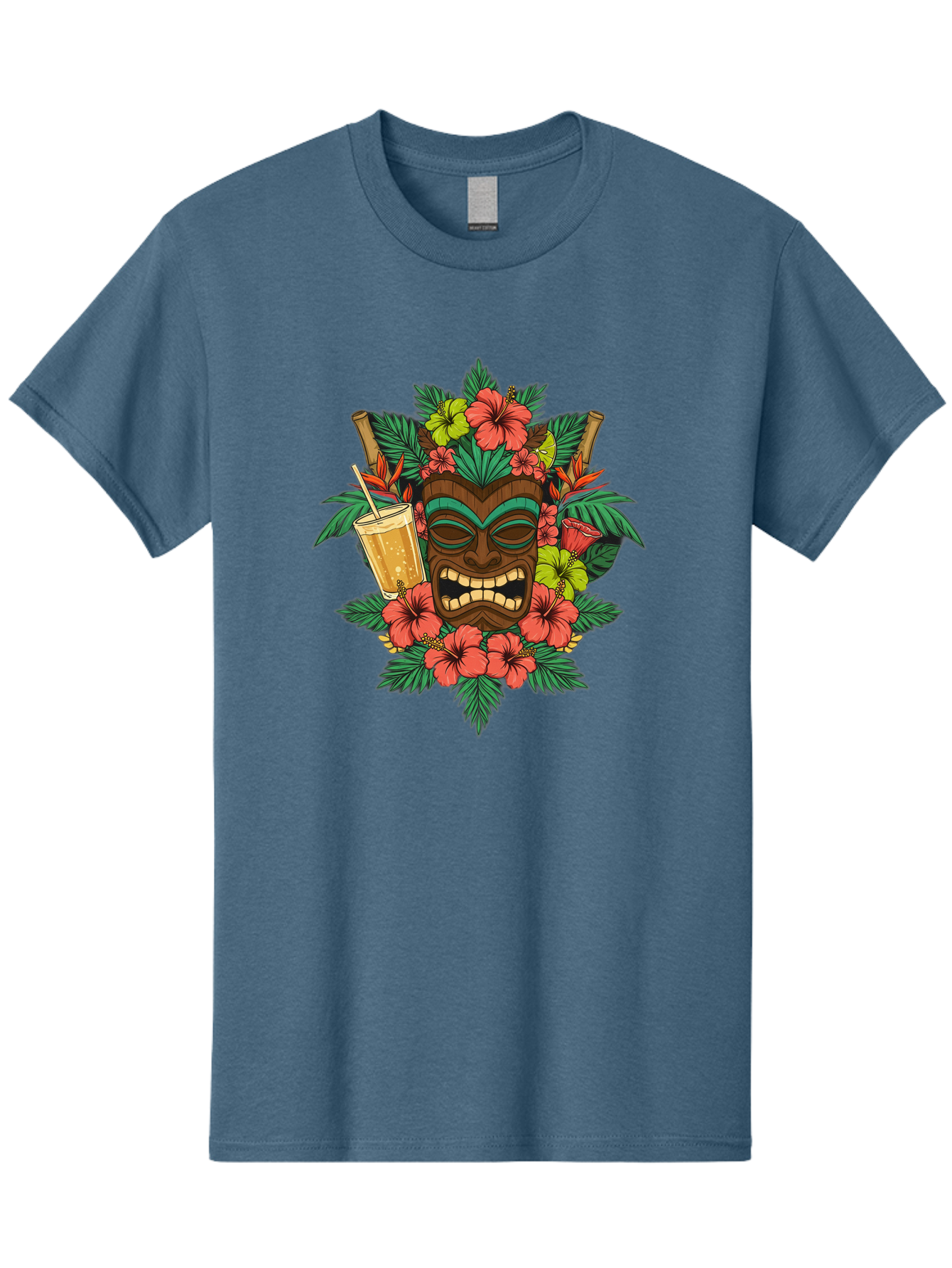 Tiki-Mask Men'S Graphic Tee, 100% Cotton, Comfortable Casual Summer Wear, Machine Washable, Tiki Mask Design, Tropical Flowers, Hibiscus, Cocktail, Straw, Bamboo, Vibrant Colors, Summer Vibes, Hawaiian Style, Tropical Getaway, Island Life, Bac521