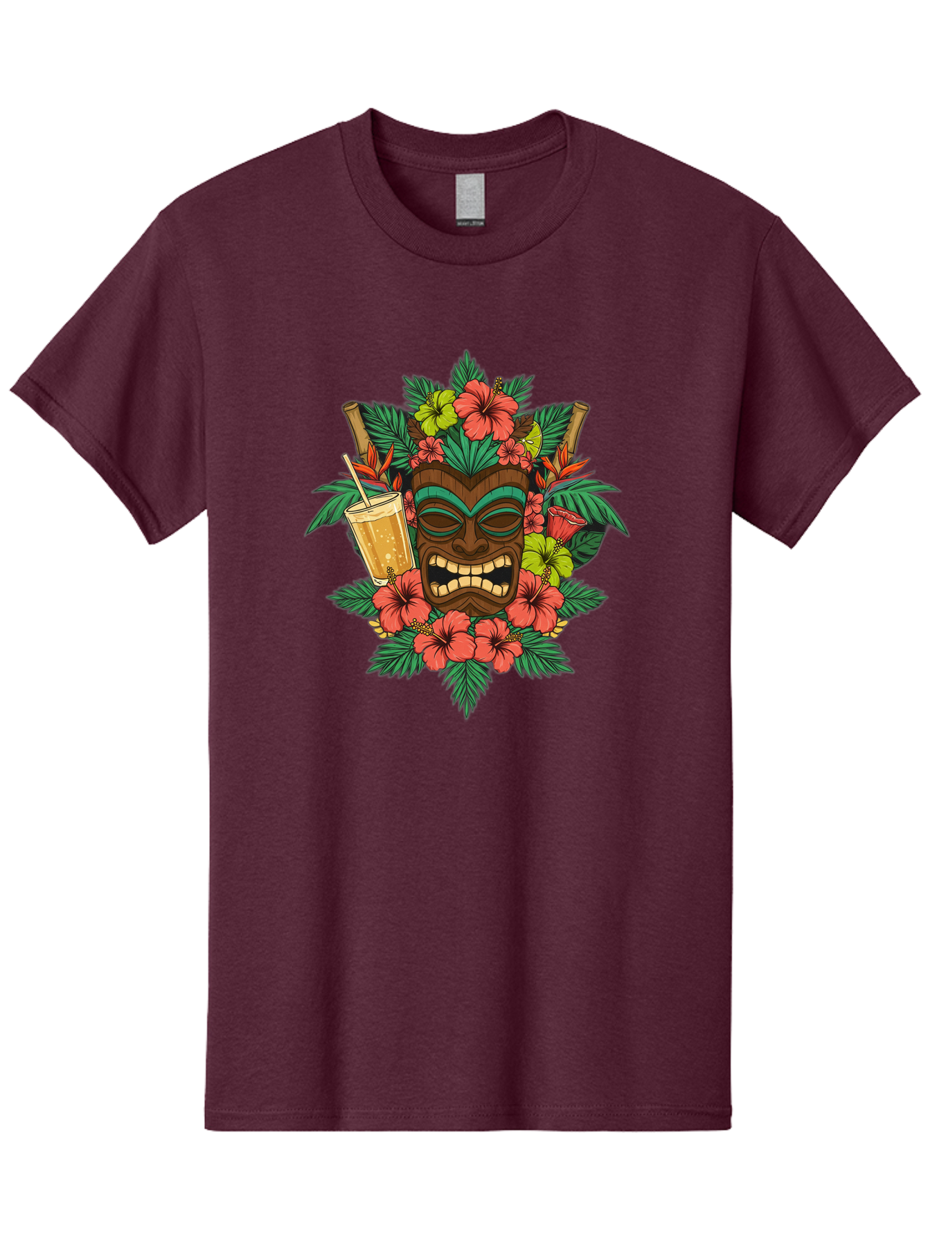 Tiki-Mask Men'S Graphic Tee, 100% Cotton, Comfortable Casual Summer Wear, Machine Washable, Tiki Mask Design, Tropical Flowers, Hibiscus, Cocktail, Straw, Bamboo, Vibrant Colors, Summer Vibes, Hawaiian Style, Tropical Getaway, Island Life, Bac521