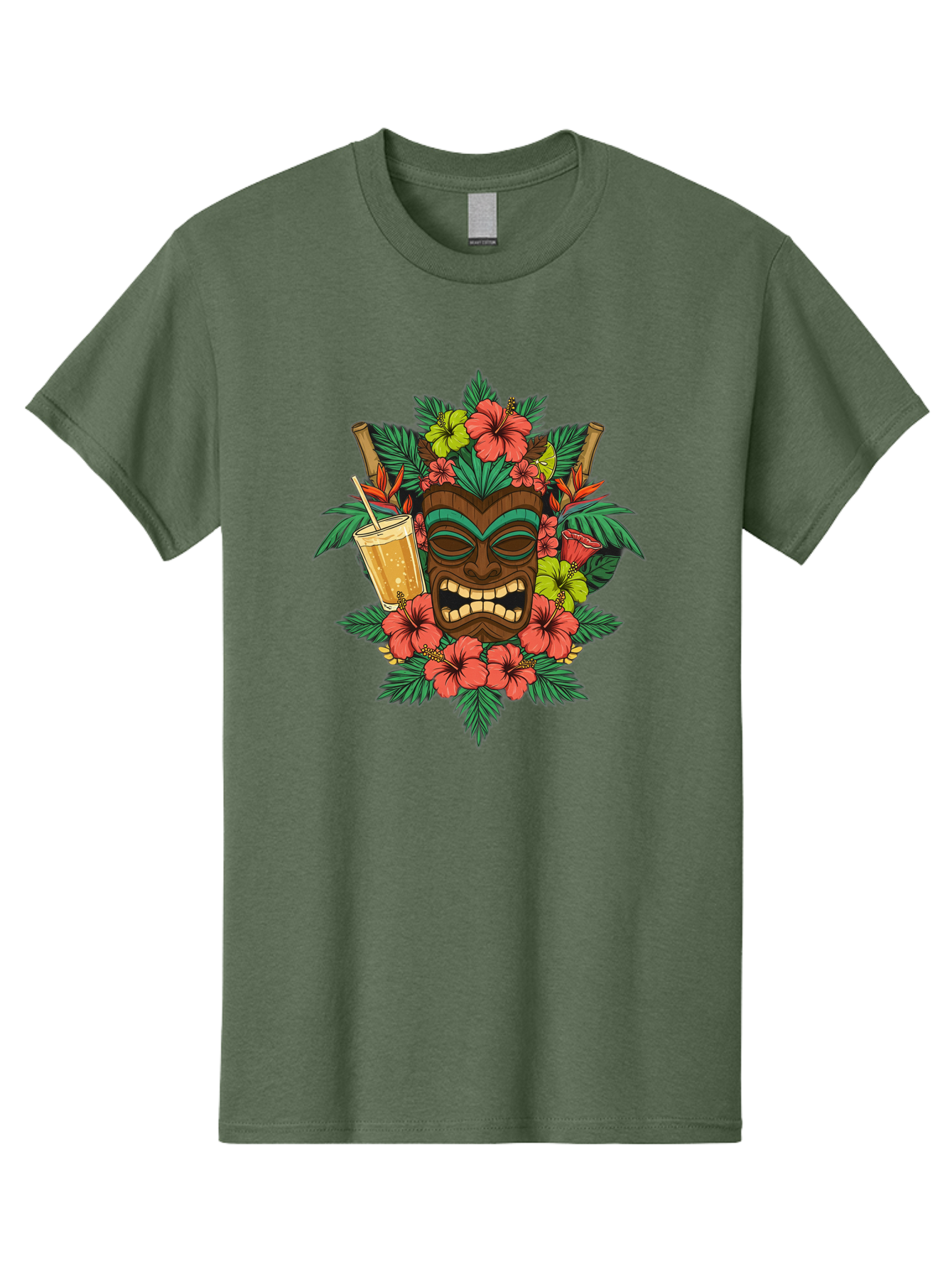 Tiki-Mask Men'S Graphic Tee, 100% Cotton, Comfortable Casual Summer Wear, Machine Washable, Tiki Mask Design, Tropical Flowers, Hibiscus, Cocktail, Straw, Bamboo, Vibrant Colors, Summer Vibes, Hawaiian Style, Tropical Getaway, Island Life, Bac521