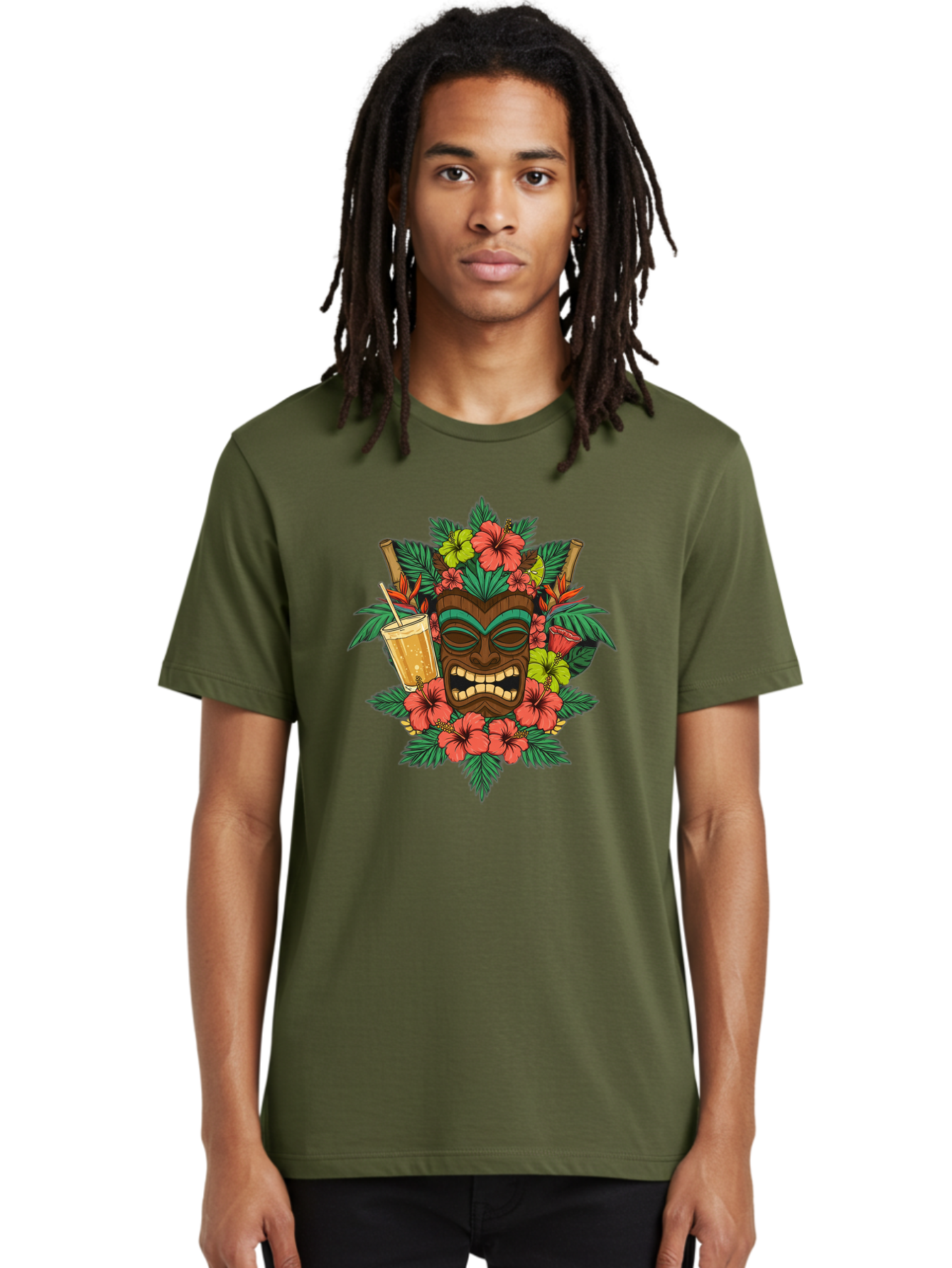 Tiki-Mask Men'S Graphic Tee, 100% Cotton, Comfortable Casual Summer Wear, Machine Washable, Tiki Mask Design, Tropical Flowers, Hibiscus, Cocktail, Straw, Bamboo, Vibrant Colors, Summer Vibes, Hawaiian Style, Tropical Getaway, Island Life, Bac521