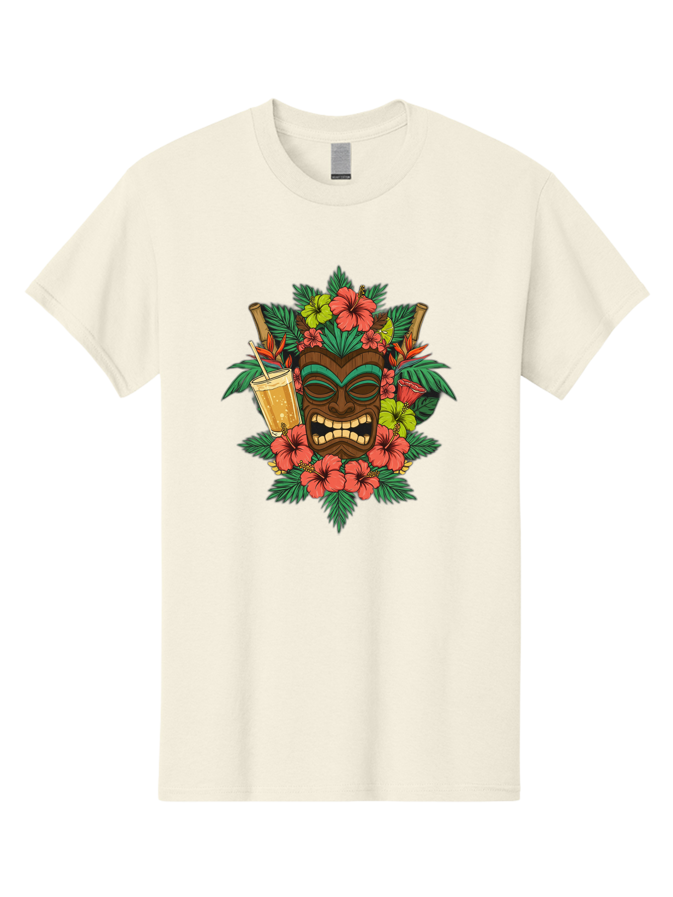 Tiki-Mask Men'S Graphic Tee, 100% Cotton, Comfortable Casual Summer Wear, Machine Washable, Tiki Mask Design, Tropical Flowers, Hibiscus, Cocktail, Straw, Bamboo, Vibrant Colors, Summer Vibes, Hawaiian Style, Tropical Getaway, Island Life, Bac521