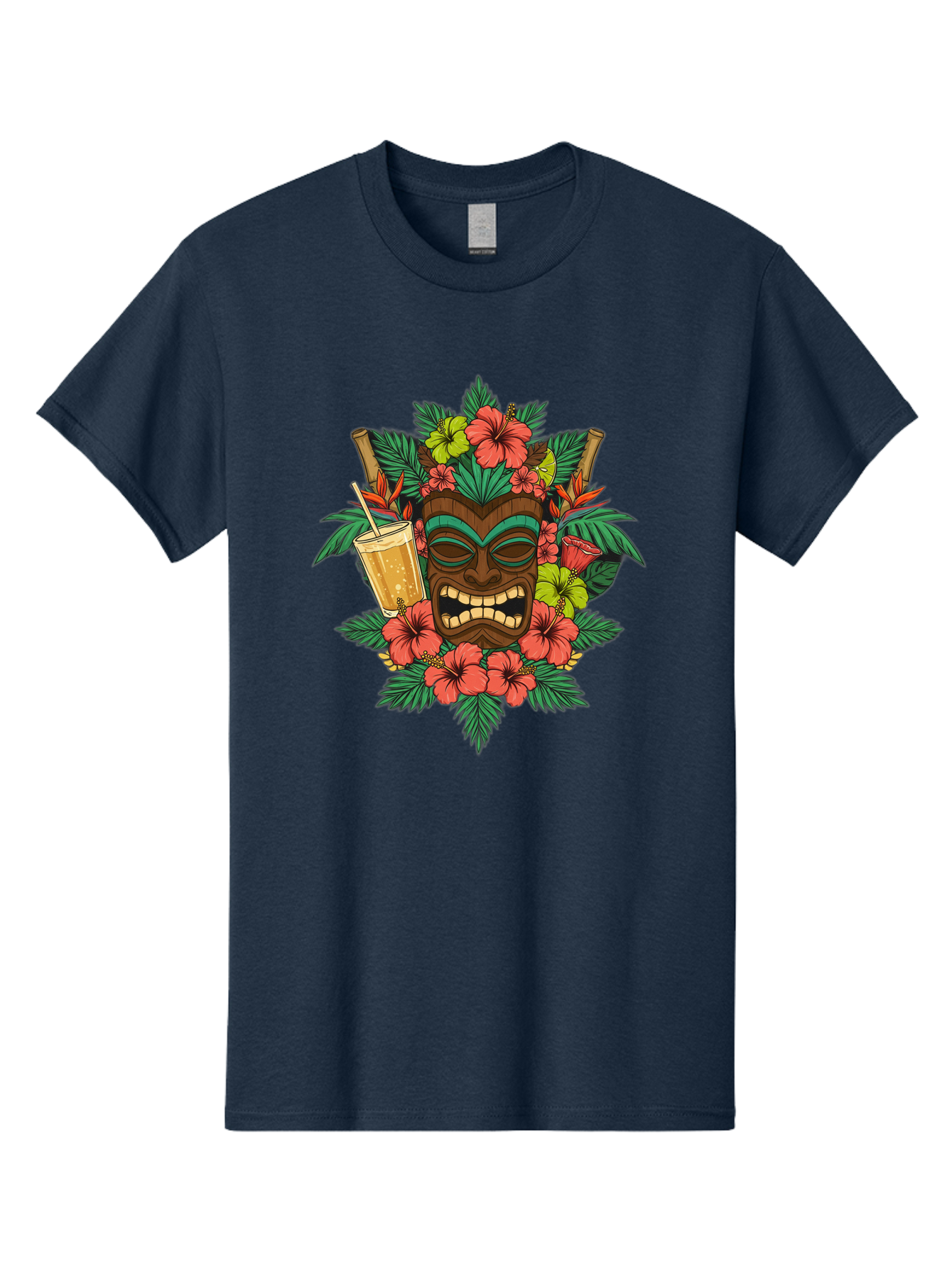 Tiki-Mask Men'S Graphic Tee, 100% Cotton, Comfortable Casual Summer Wear, Machine Washable, Tiki Mask Design, Tropical Flowers, Hibiscus, Cocktail, Straw, Bamboo, Vibrant Colors, Summer Vibes, Hawaiian Style, Tropical Getaway, Island Life, Bac521
