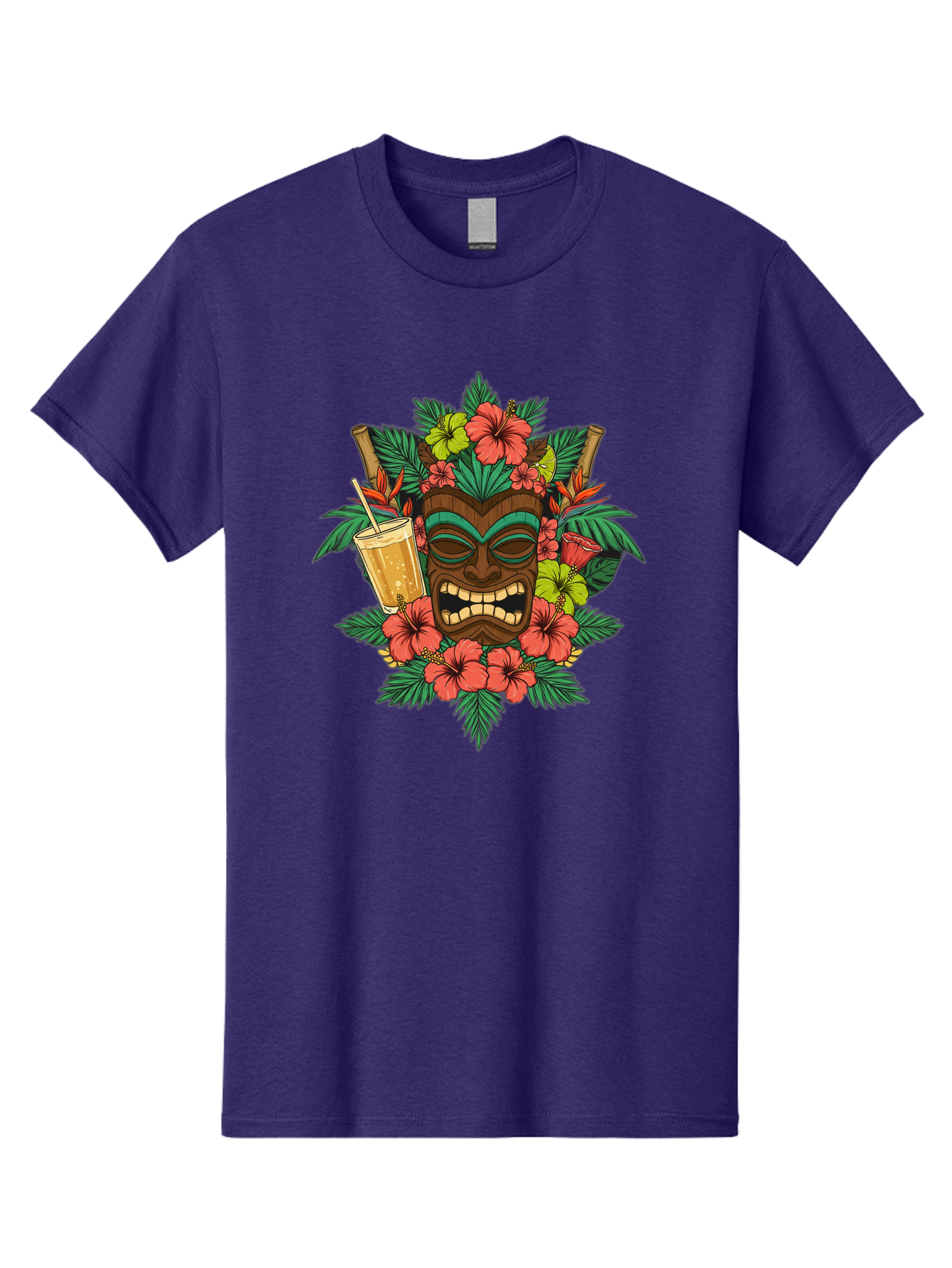 Tiki-Mask Men'S Graphic Tee, 100% Cotton, Comfortable Casual Summer Wear, Machine Washable, Tiki Mask Design, Tropical Flowers, Hibiscus, Cocktail, Straw, Bamboo, Vibrant Colors, Summer Vibes, Hawaiian Style, Tropical Getaway, Island Life, Bac521