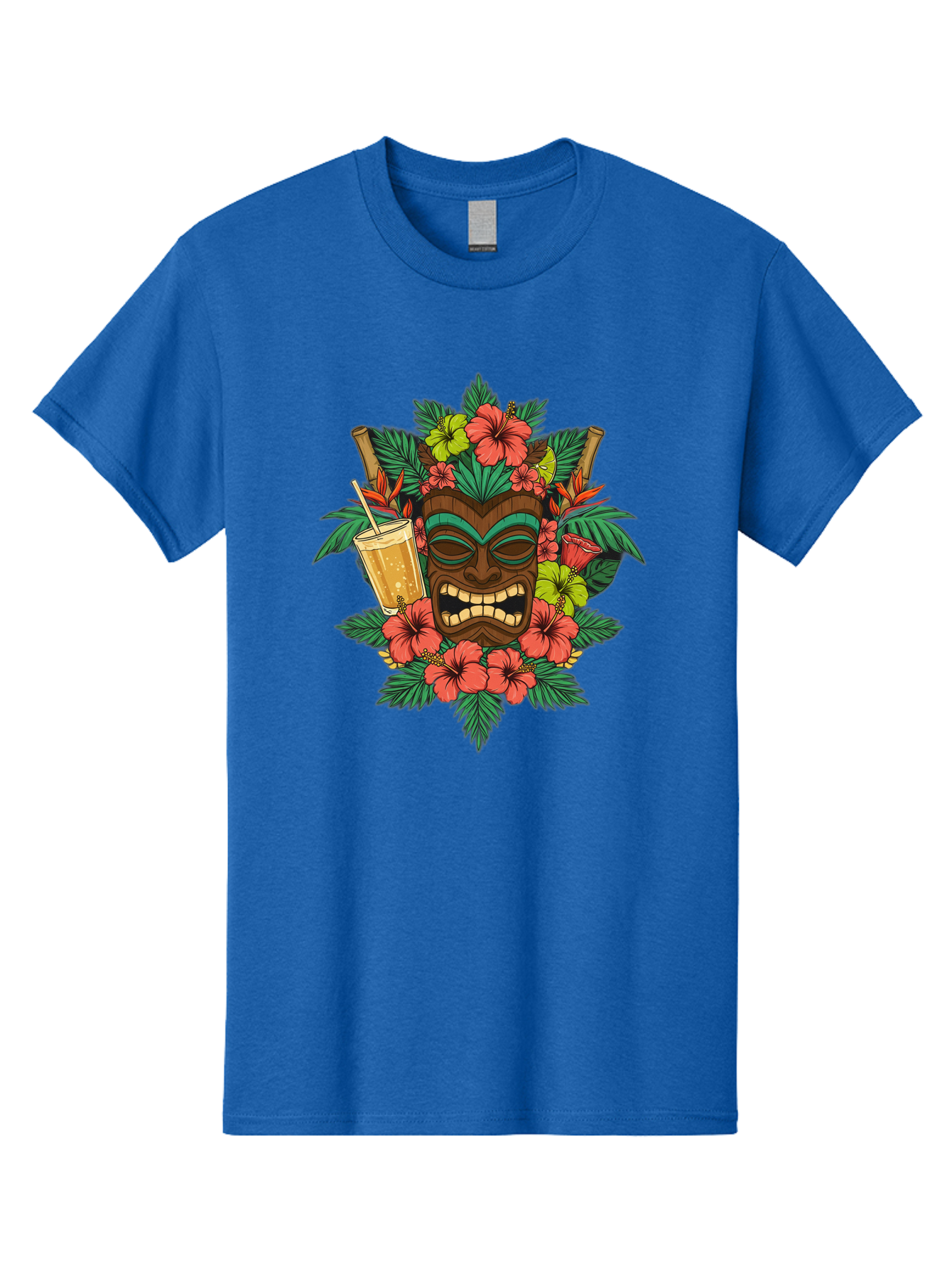 Tiki-Mask Men'S Graphic Tee, 100% Cotton, Comfortable Casual Summer Wear, Machine Washable, Tiki Mask Design, Tropical Flowers, Hibiscus, Cocktail, Straw, Bamboo, Vibrant Colors, Summer Vibes, Hawaiian Style, Tropical Getaway, Island Life, Bac521