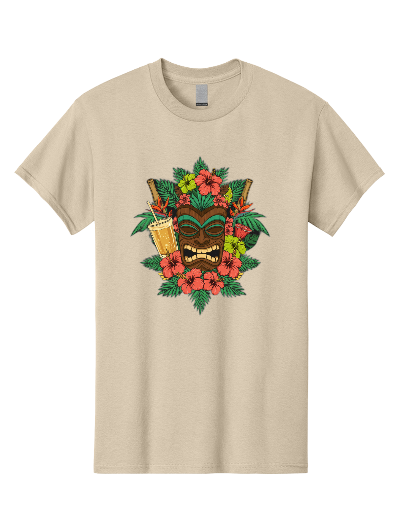 Tiki-Mask Men'S Graphic Tee, 100% Cotton, Comfortable Casual Summer Wear, Machine Washable, Tiki Mask Design, Tropical Flowers, Hibiscus, Cocktail, Straw, Bamboo, Vibrant Colors, Summer Vibes, Hawaiian Style, Tropical Getaway, Island Life, Bac521