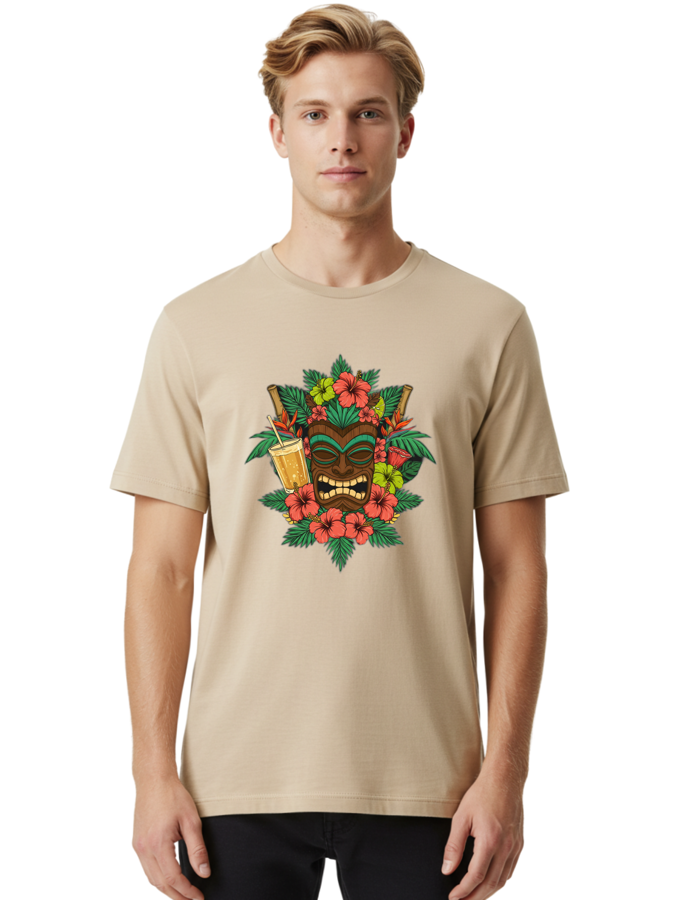 Tiki-Mask Men'S Graphic Tee, 100% Cotton, Comfortable Casual Summer Wear, Machine Washable, Tiki Mask Design, Tropical Flowers, Hibiscus, Cocktail, Straw, Bamboo, Vibrant Colors, Summer Vibes, Hawaiian Style, Tropical Getaway, Island Life, Bac521