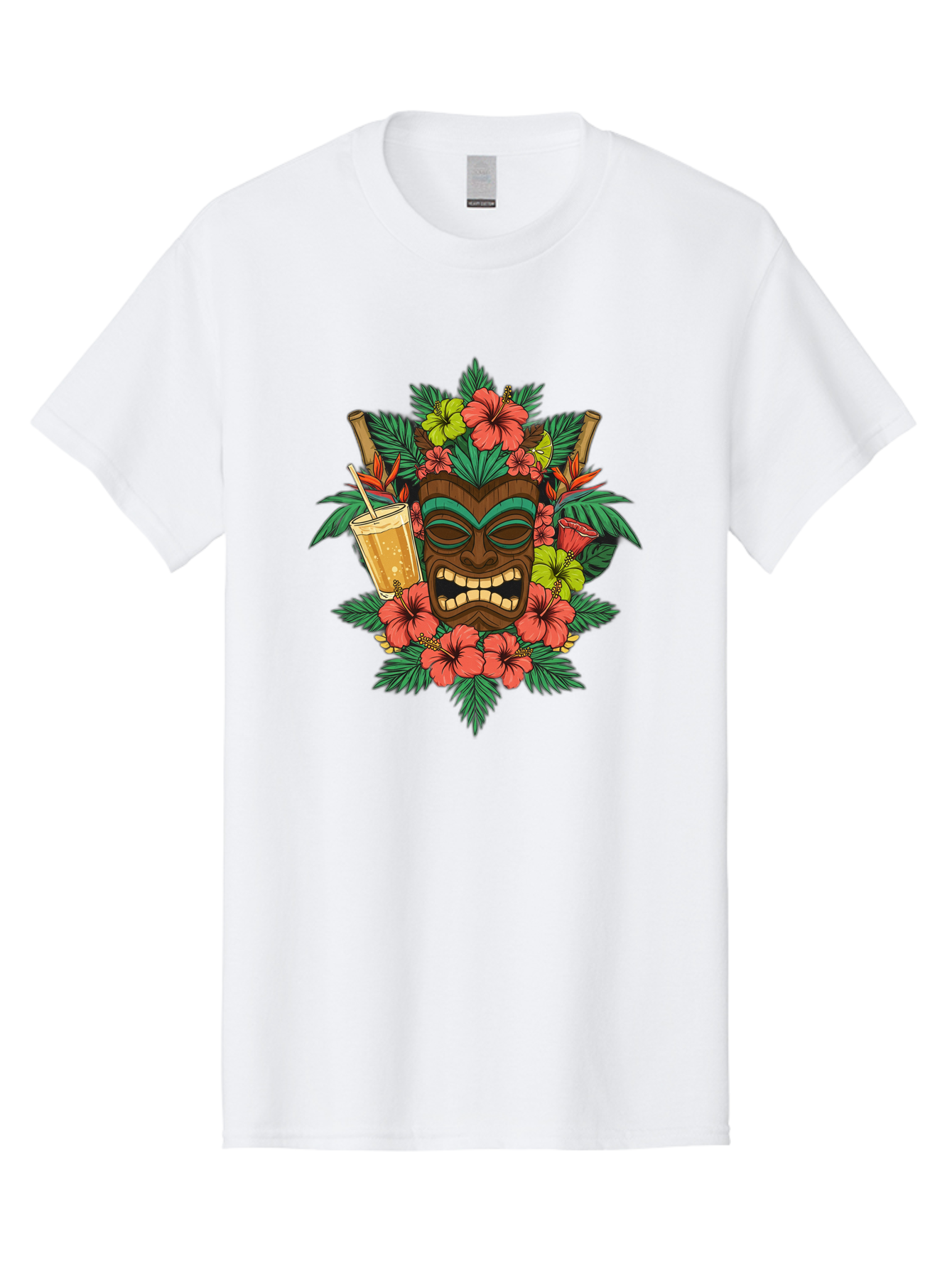 Tiki-Mask Men'S Graphic Tee, 100% Cotton, Comfortable Casual Summer Wear, Machine Washable, Tiki Mask Design, Tropical Flowers, Hibiscus, Cocktail, Straw, Bamboo, Vibrant Colors, Summer Vibes, Hawaiian Style, Tropical Getaway, Island Life, Bac521