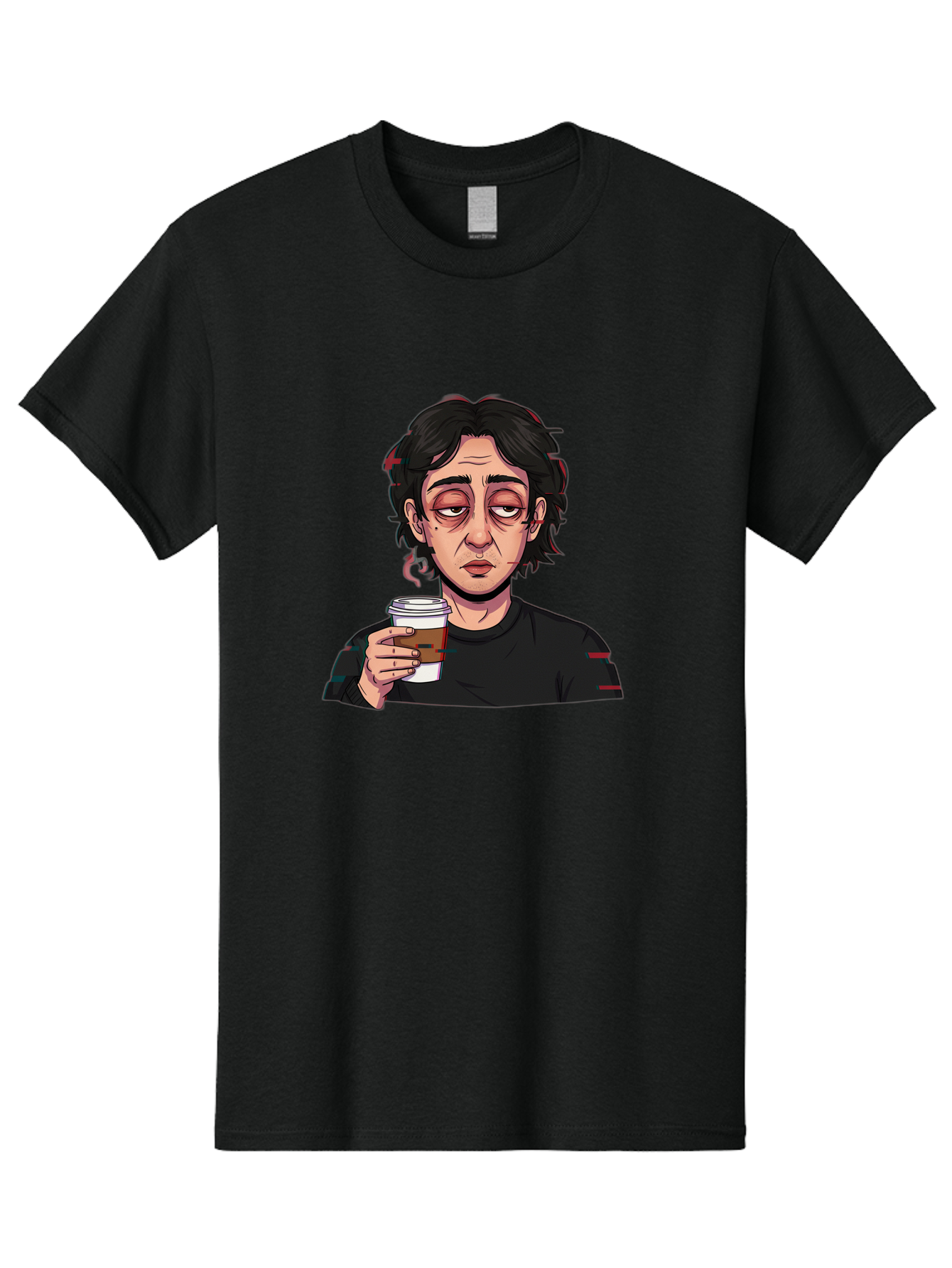 Tired-Woman-With-Coffee Men'S Graphic Tee, 100% Cotton, Comfortable Casual Summer Wear, Machine Washable, Tired Person, Coffee Cup, Morning Routine, Coffee Break, Relaxed Atmosphere, Casual Wear, Sleepy Expression, Coffee Lover Bac522