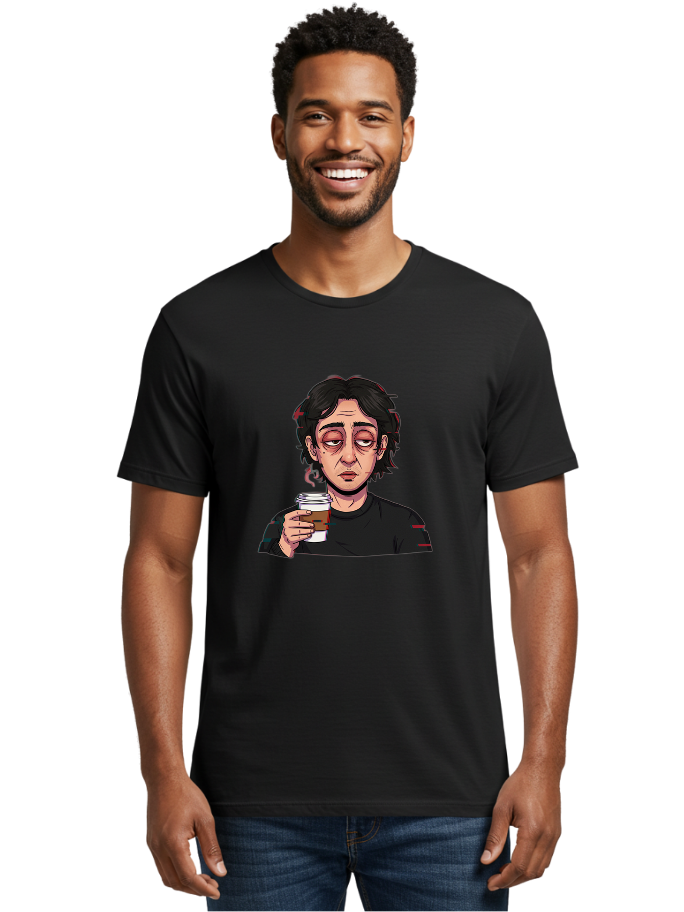 Tired-Woman-With-Coffee Men'S Graphic Tee, 100% Cotton, Comfortable Casual Summer Wear, Machine Washable, Tired Person, Coffee Cup, Morning Routine, Coffee Break, Relaxed Atmosphere, Casual Wear, Sleepy Expression, Coffee Lover Bac522