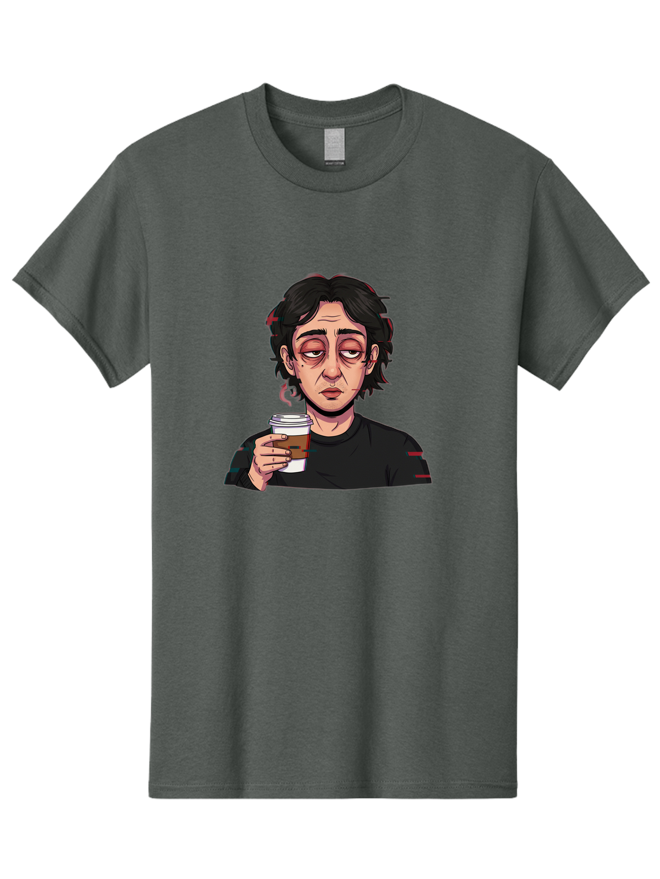 Tired-Woman-With-Coffee Men'S Graphic Tee, 100% Cotton, Comfortable Casual Summer Wear, Machine Washable, Tired Person, Coffee Cup, Morning Routine, Coffee Break, Relaxed Atmosphere, Casual Wear, Sleepy Expression, Coffee Lover Bac522