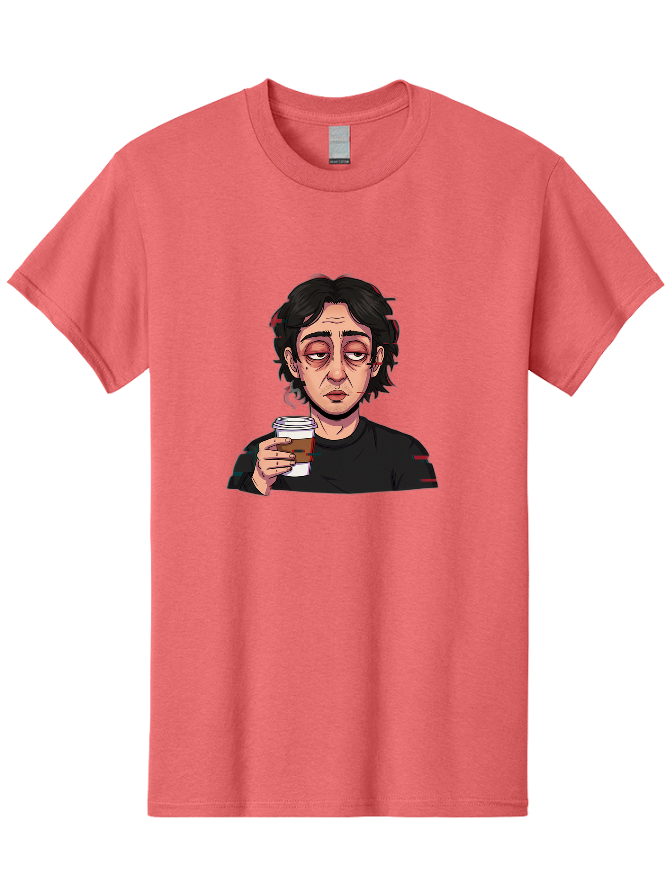 Tired-Woman-With-Coffee Men'S Graphic Tee, 100% Cotton, Comfortable Casual Summer Wear, Machine Washable, Tired Person, Coffee Cup, Morning Routine, Coffee Break, Relaxed Atmosphere, Casual Wear, Sleepy Expression, Coffee Lover Bac522