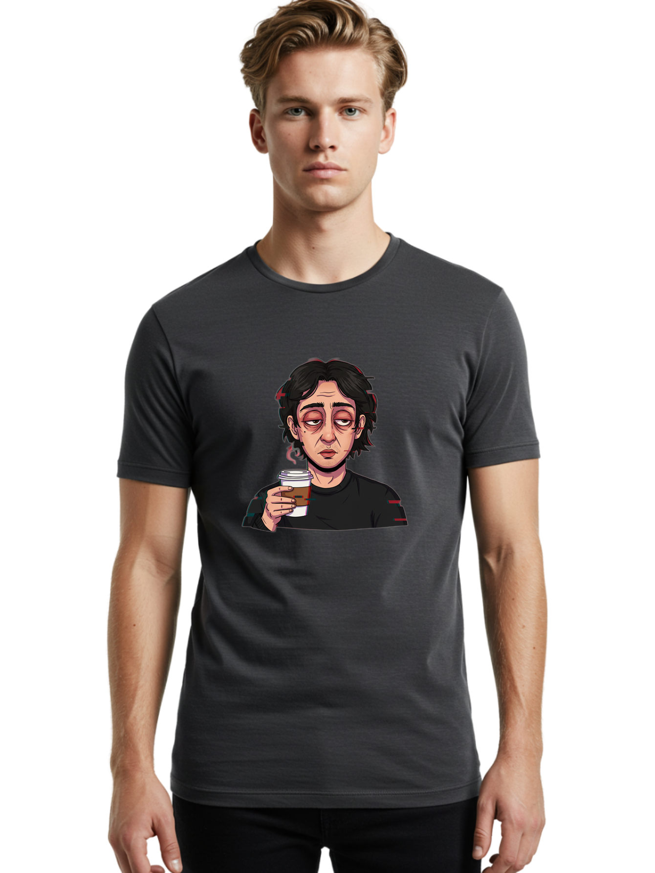 Tired-Woman-With-Coffee Men'S Graphic Tee, 100% Cotton, Comfortable Casual Summer Wear, Machine Washable, Tired Person, Coffee Cup, Morning Routine, Coffee Break, Relaxed Atmosphere, Casual Wear, Sleepy Expression, Coffee Lover Bac522