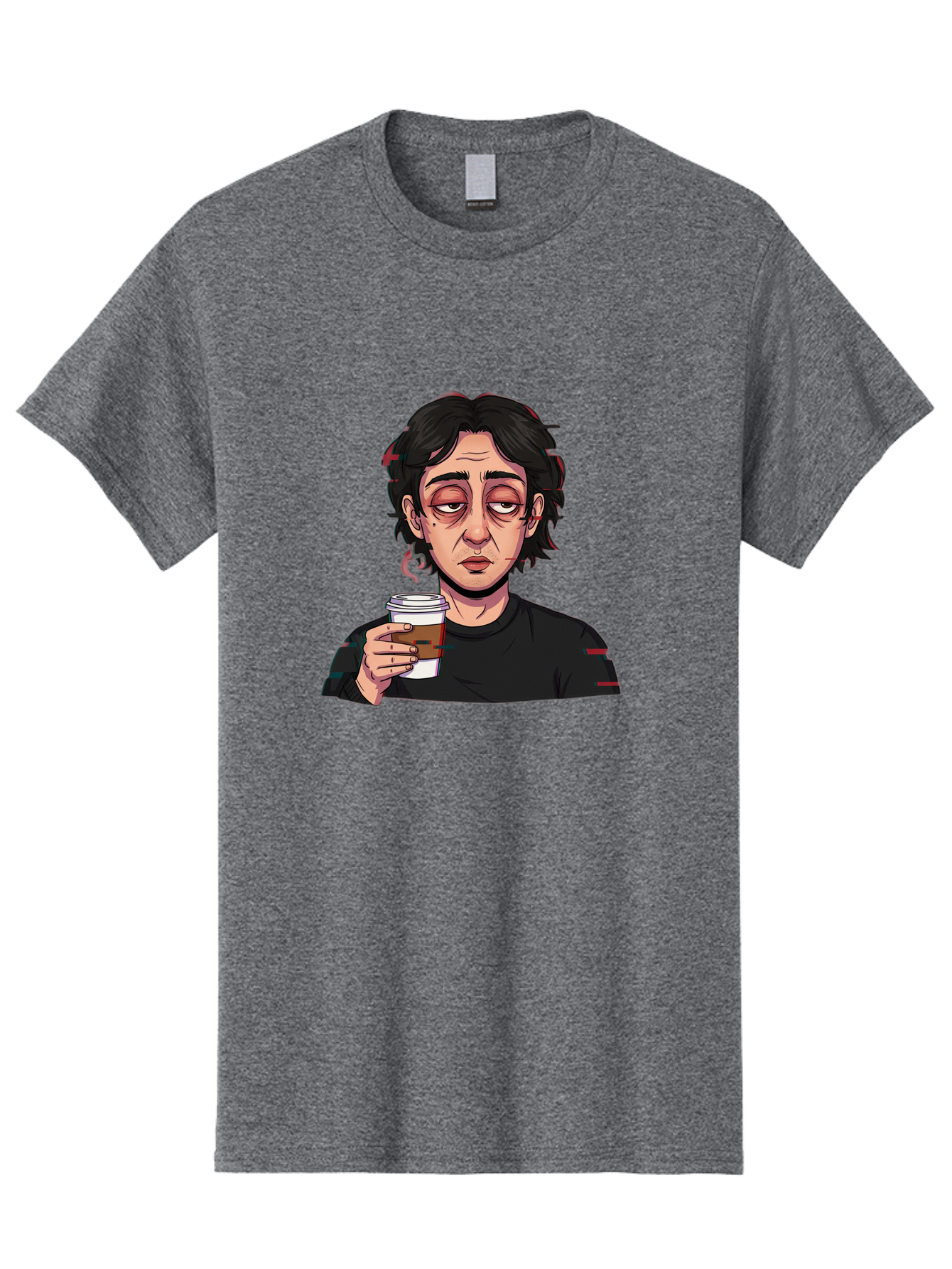 Tired-Woman-With-Coffee Men'S Graphic Tee, 100% Cotton, Comfortable Casual Summer Wear, Machine Washable, Tired Person, Coffee Cup, Morning Routine, Coffee Break, Relaxed Atmosphere, Casual Wear, Sleepy Expression, Coffee Lover Bac522