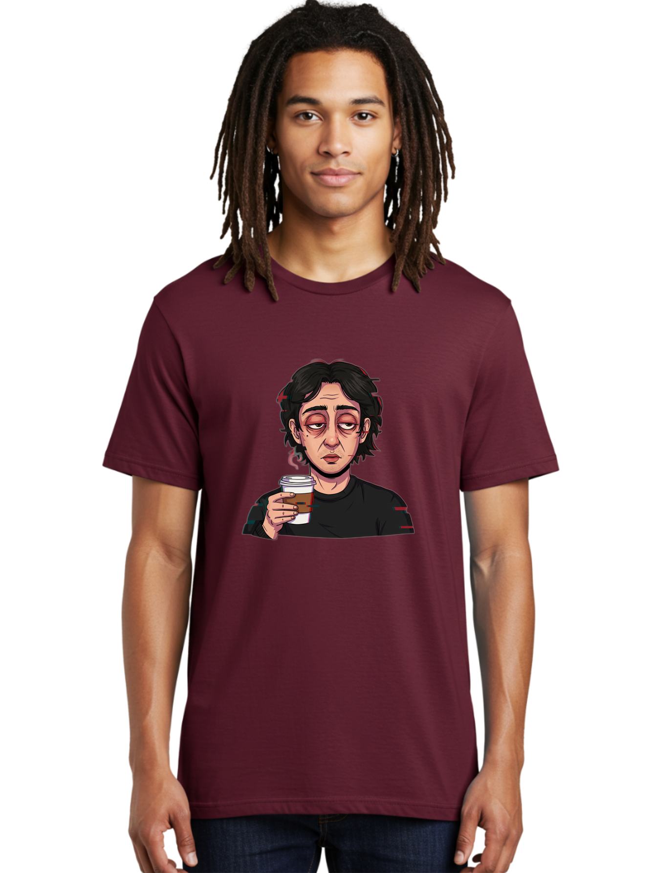 Tired-Woman-With-Coffee Men'S Graphic Tee, 100% Cotton, Comfortable Casual Summer Wear, Machine Washable, Tired Person, Coffee Cup, Morning Routine, Coffee Break, Relaxed Atmosphere, Casual Wear, Sleepy Expression, Coffee Lover Bac522