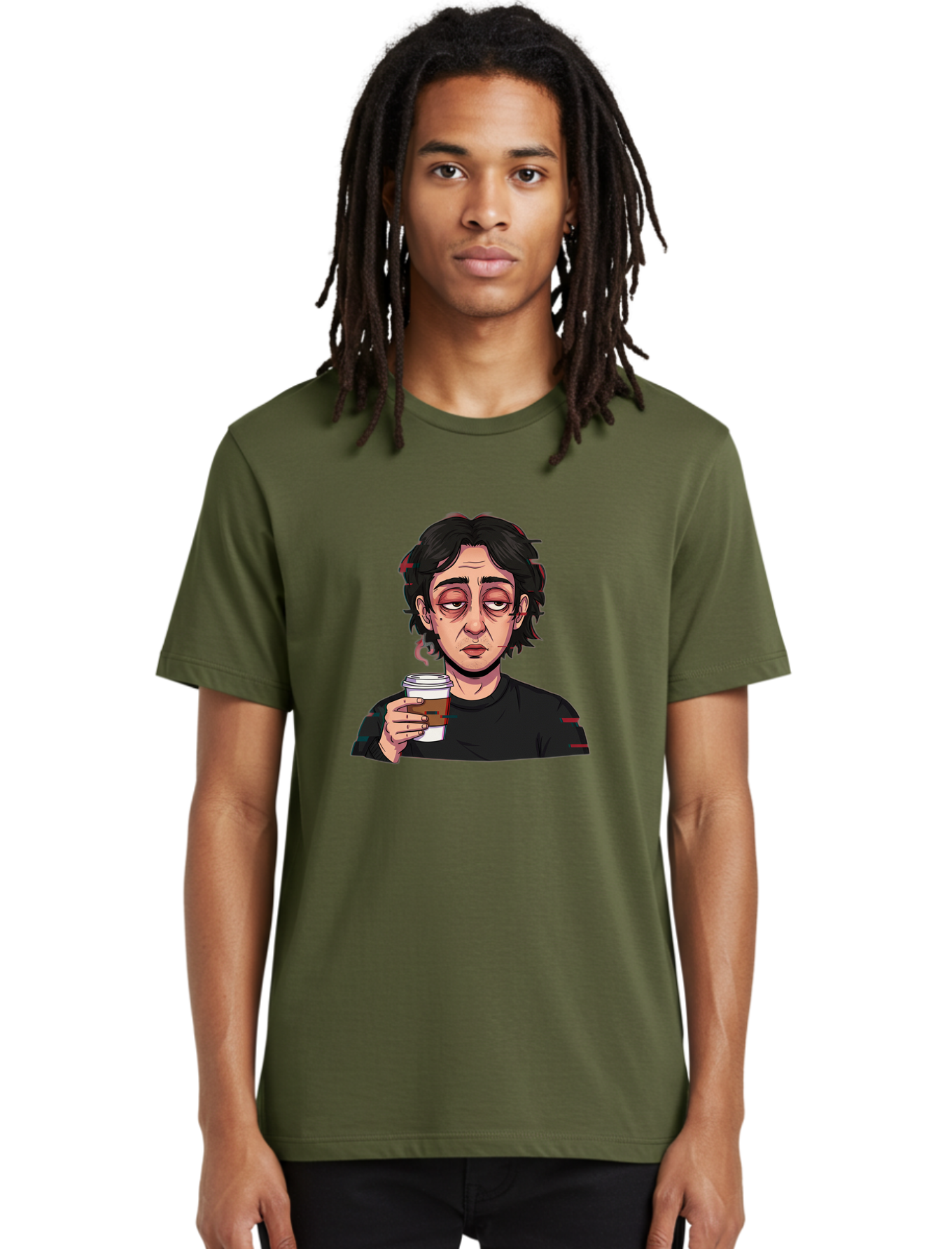 Tired-Woman-With-Coffee Men'S Graphic Tee, 100% Cotton, Comfortable Casual Summer Wear, Machine Washable, Tired Person, Coffee Cup, Morning Routine, Coffee Break, Relaxed Atmosphere, Casual Wear, Sleepy Expression, Coffee Lover Bac522