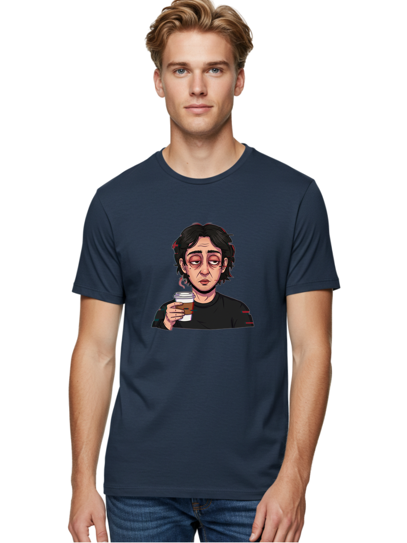 Tired-Woman-With-Coffee Men'S Graphic Tee, 100% Cotton, Comfortable Casual Summer Wear, Machine Washable, Tired Person, Coffee Cup, Morning Routine, Coffee Break, Relaxed Atmosphere, Casual Wear, Sleepy Expression, Coffee Lover Bac522