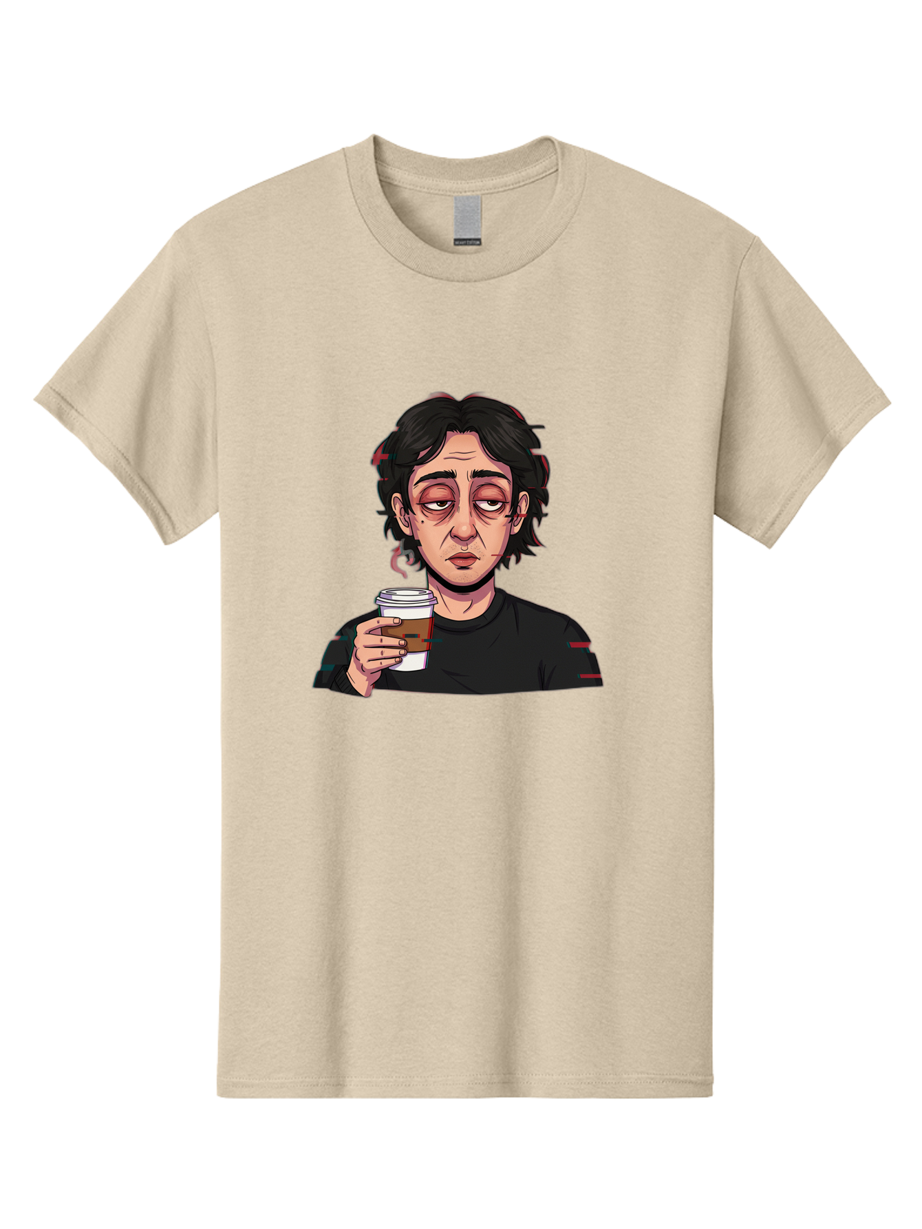 Tired-Woman-With-Coffee Men'S Graphic Tee, 100% Cotton, Comfortable Casual Summer Wear, Machine Washable, Tired Person, Coffee Cup, Morning Routine, Coffee Break, Relaxed Atmosphere, Casual Wear, Sleepy Expression, Coffee Lover Bac522