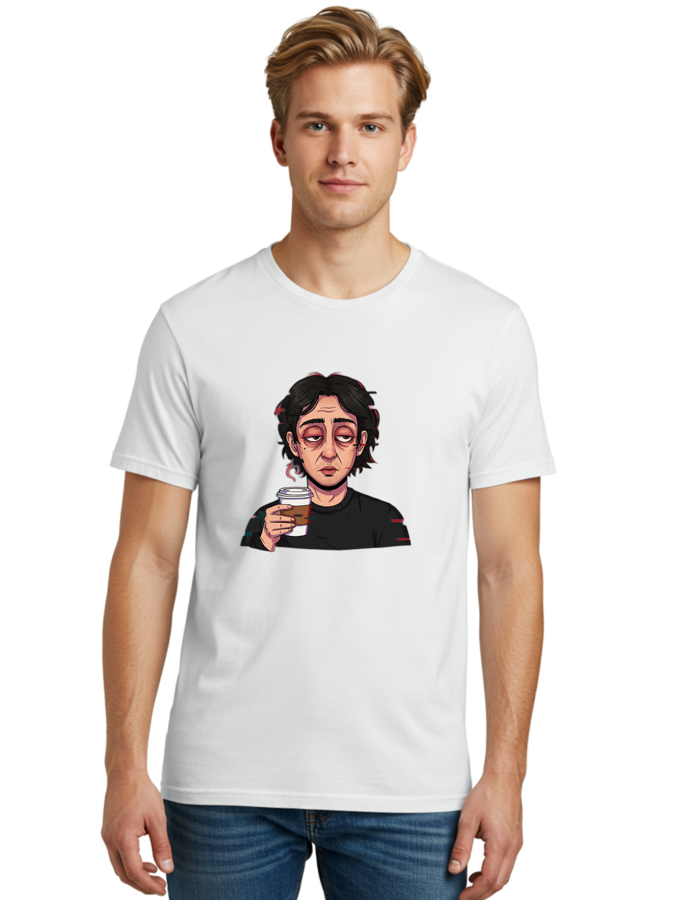 Tired-Woman-With-Coffee Men'S Graphic Tee, 100% Cotton, Comfortable Casual Summer Wear, Machine Washable, Tired Person, Coffee Cup, Morning Routine, Coffee Break, Relaxed Atmosphere, Casual Wear, Sleepy Expression, Coffee Lover Bac522