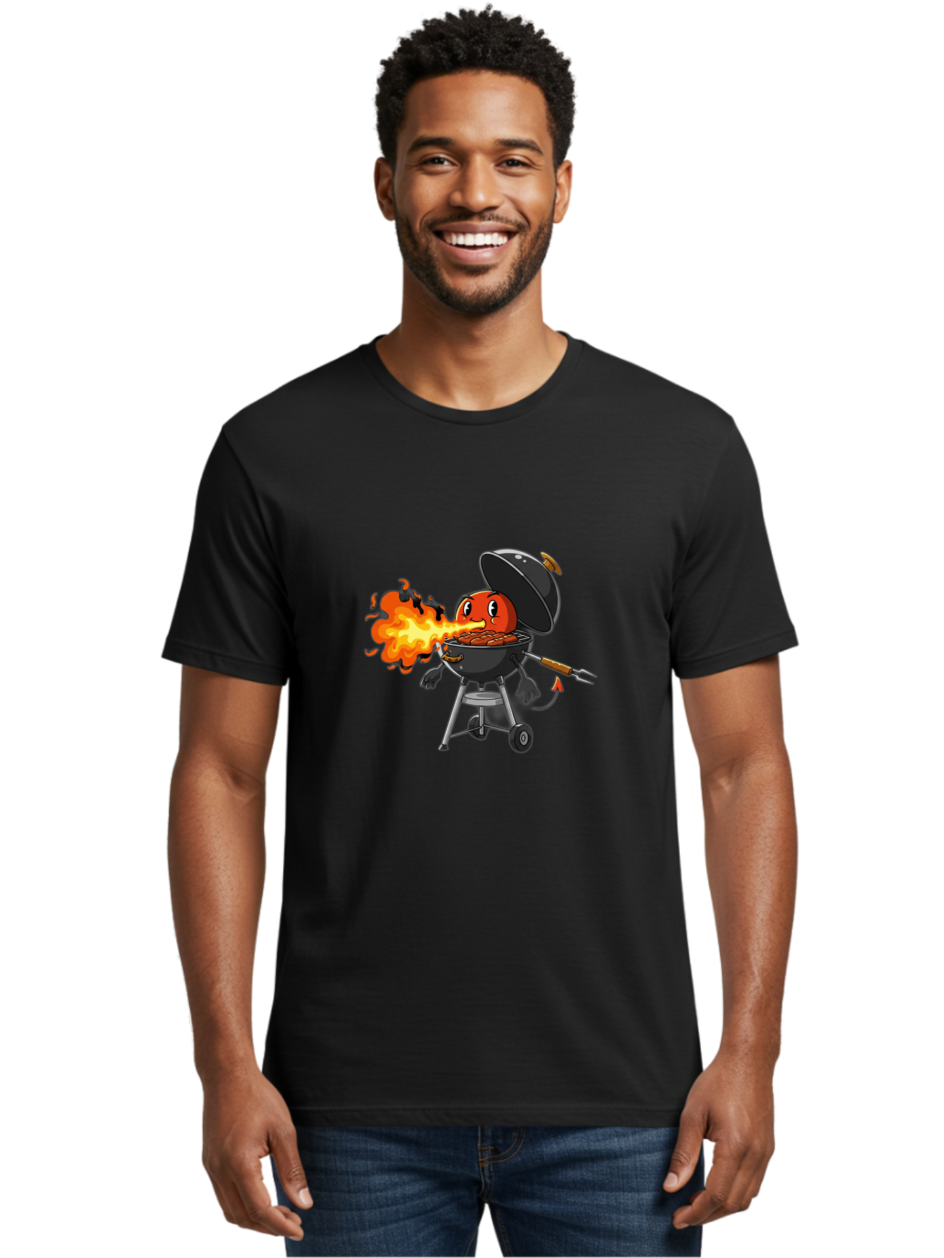 Tomato-In-Grill Men'S Graphic Tee, 100% Cotton, Comfortable Casual Summer Wear, Machine Washable, Tomato Grilling On Barbecue, Cartoon Character, Chef Illustration, Kitchen Humor, Funny Food, Barbecue Cooking, Comical Vegetable, Sizzling Hot Bac523