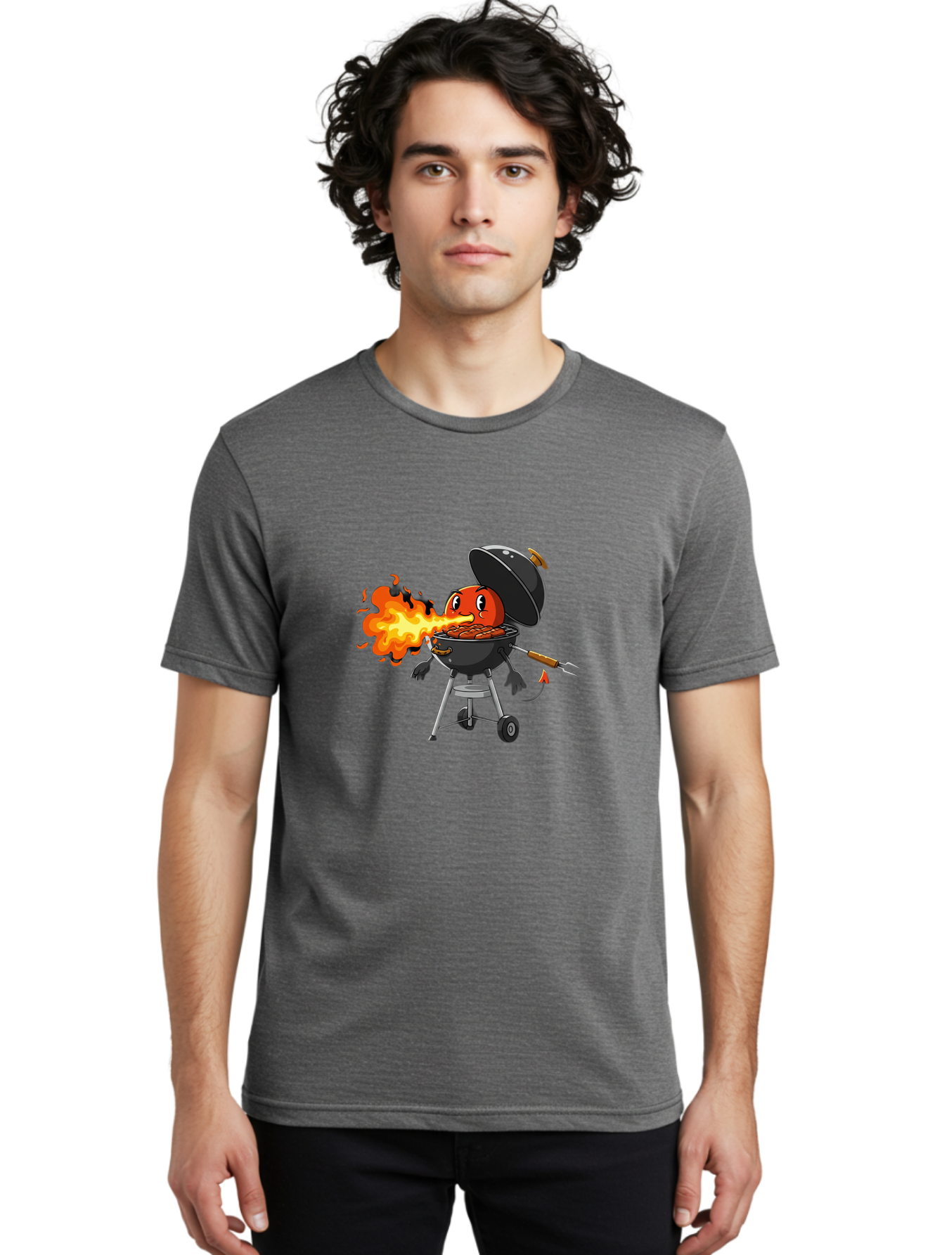 Tomato-In-Grill Men'S Graphic Tee, 100% Cotton, Comfortable Casual Summer Wear, Machine Washable, Tomato Grilling On Barbecue, Cartoon Character, Chef Illustration, Kitchen Humor, Funny Food, Barbecue Cooking, Comical Vegetable, Sizzling Hot Bac523