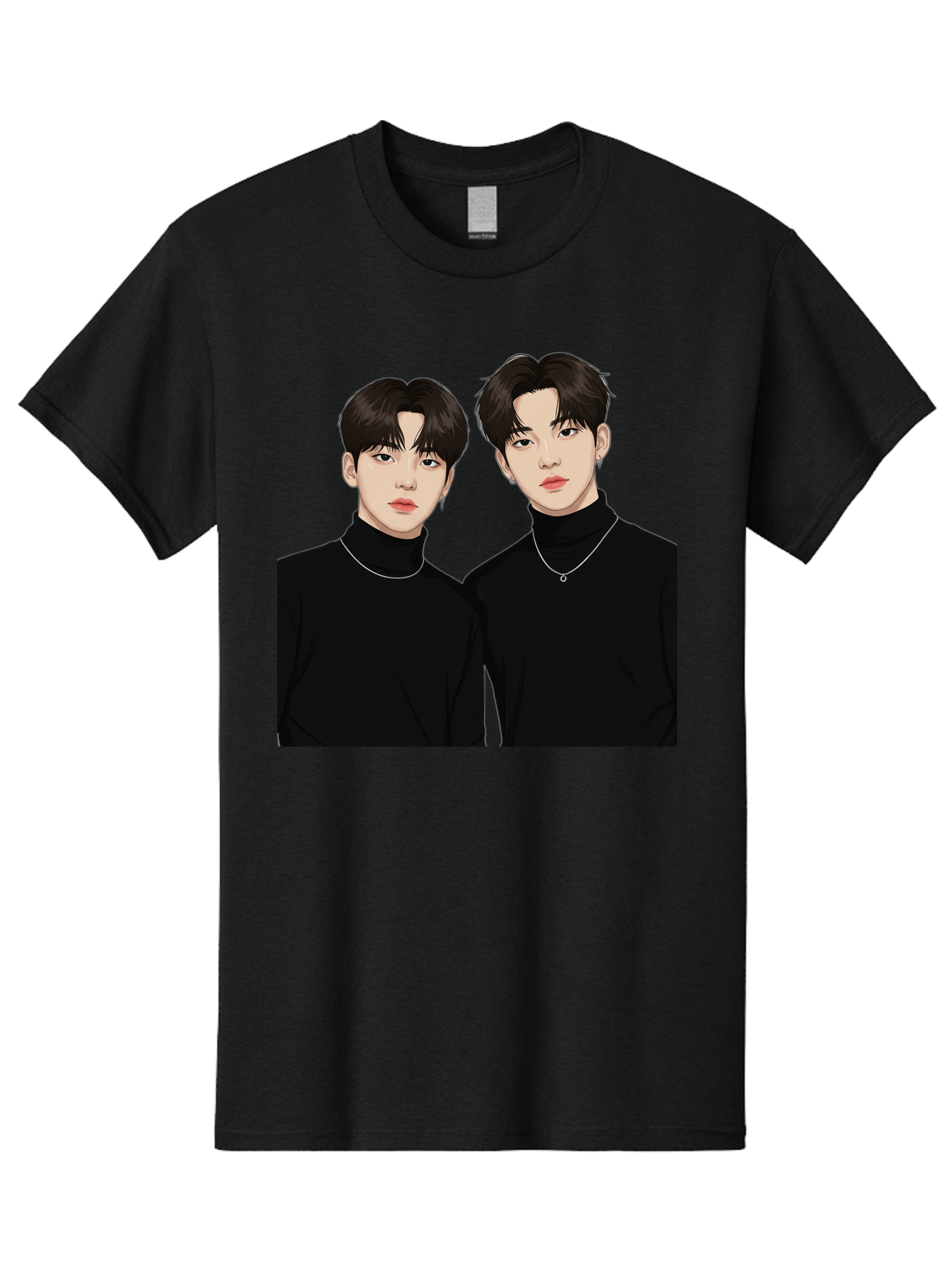 Twin-Guys Men'S Graphic Tee, 100% Cotton, Comfortable Casual Summer Wear, Machine Washable, K-Pop Idols, Male Duo, Black Turtlenecks, Silver Necklaces, Dark Hair, Digital Illustration, Pop Culture Icons, Modern Fashion, Stylish Accessories, Bac525