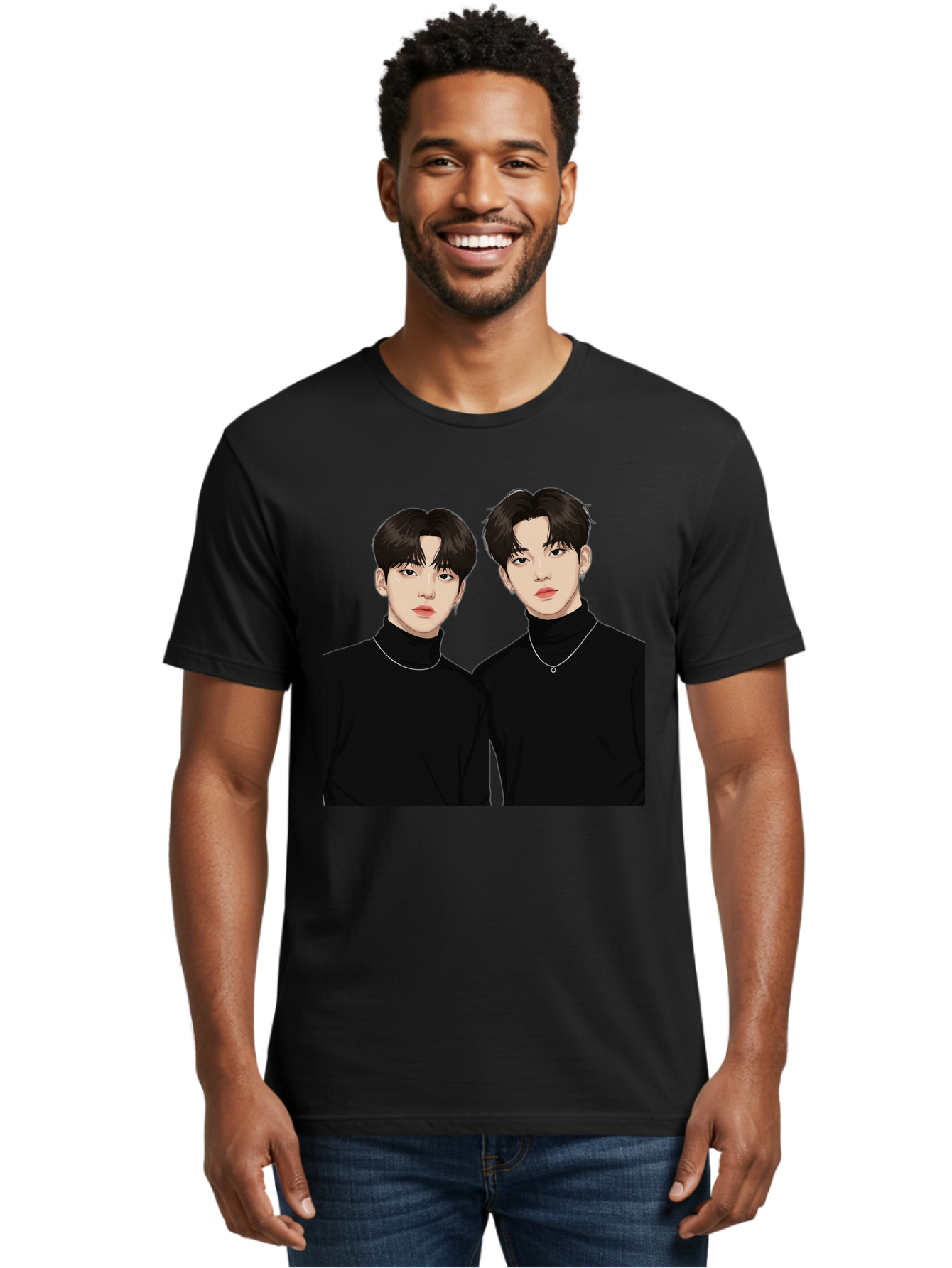 Twin-Guys Men'S Graphic Tee, 100% Cotton, Comfortable Casual Summer Wear, Machine Washable, K-Pop Idols, Male Duo, Black Turtlenecks, Silver Necklaces, Dark Hair, Digital Illustration, Pop Culture Icons, Modern Fashion, Stylish Accessories, Bac525