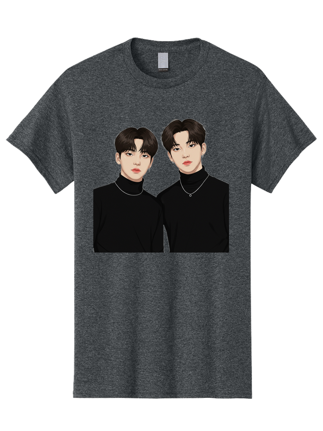 Twin-Guys Men'S Graphic Tee, 100% Cotton, Comfortable Casual Summer Wear, Machine Washable, K-Pop Idols, Male Duo, Black Turtlenecks, Silver Necklaces, Dark Hair, Digital Illustration, Pop Culture Icons, Modern Fashion, Stylish Accessories, Bac525