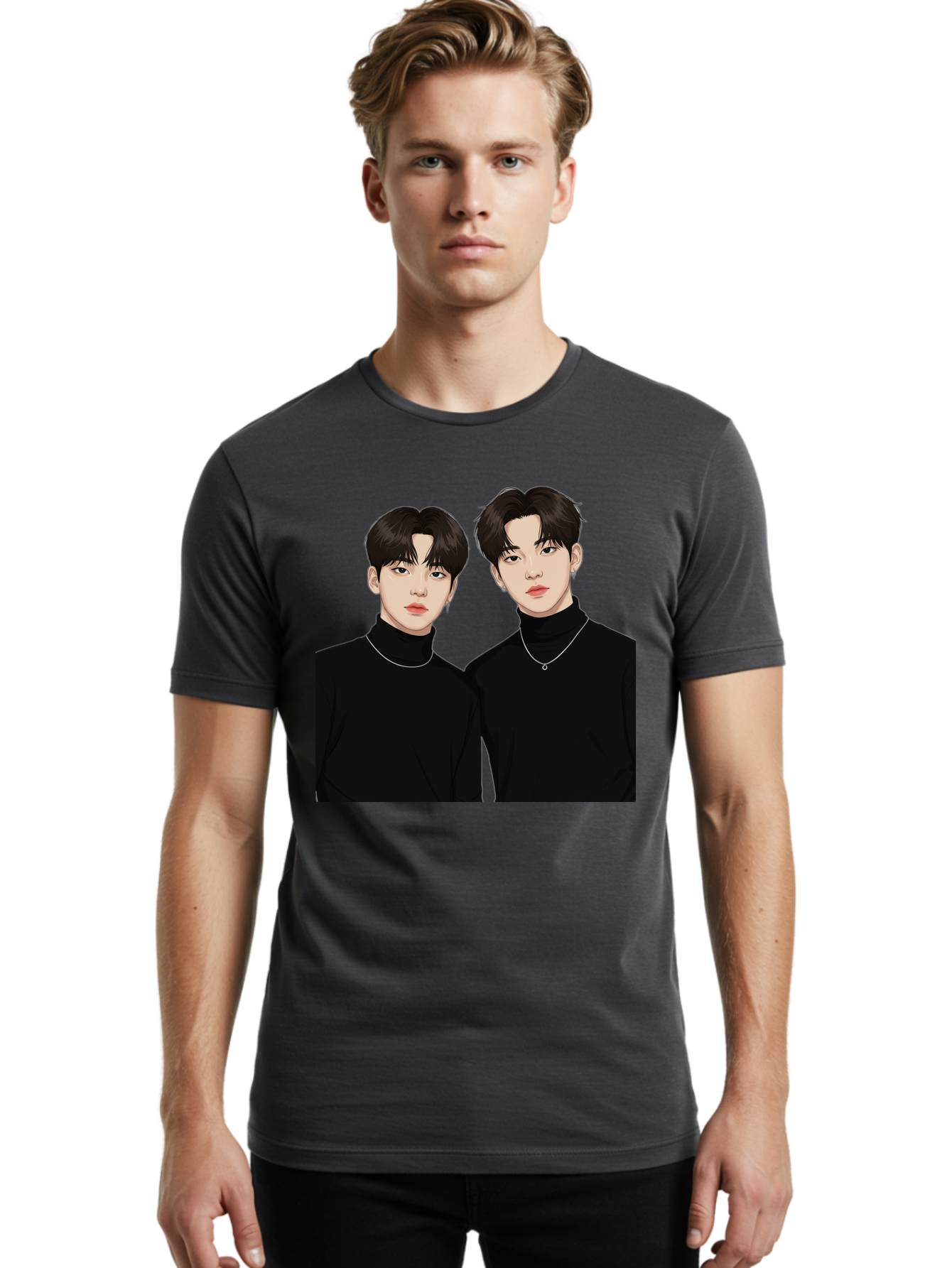 Twin-Guys Men'S Graphic Tee, 100% Cotton, Comfortable Casual Summer Wear, Machine Washable, K-Pop Idols, Male Duo, Black Turtlenecks, Silver Necklaces, Dark Hair, Digital Illustration, Pop Culture Icons, Modern Fashion, Stylish Accessories, Bac525