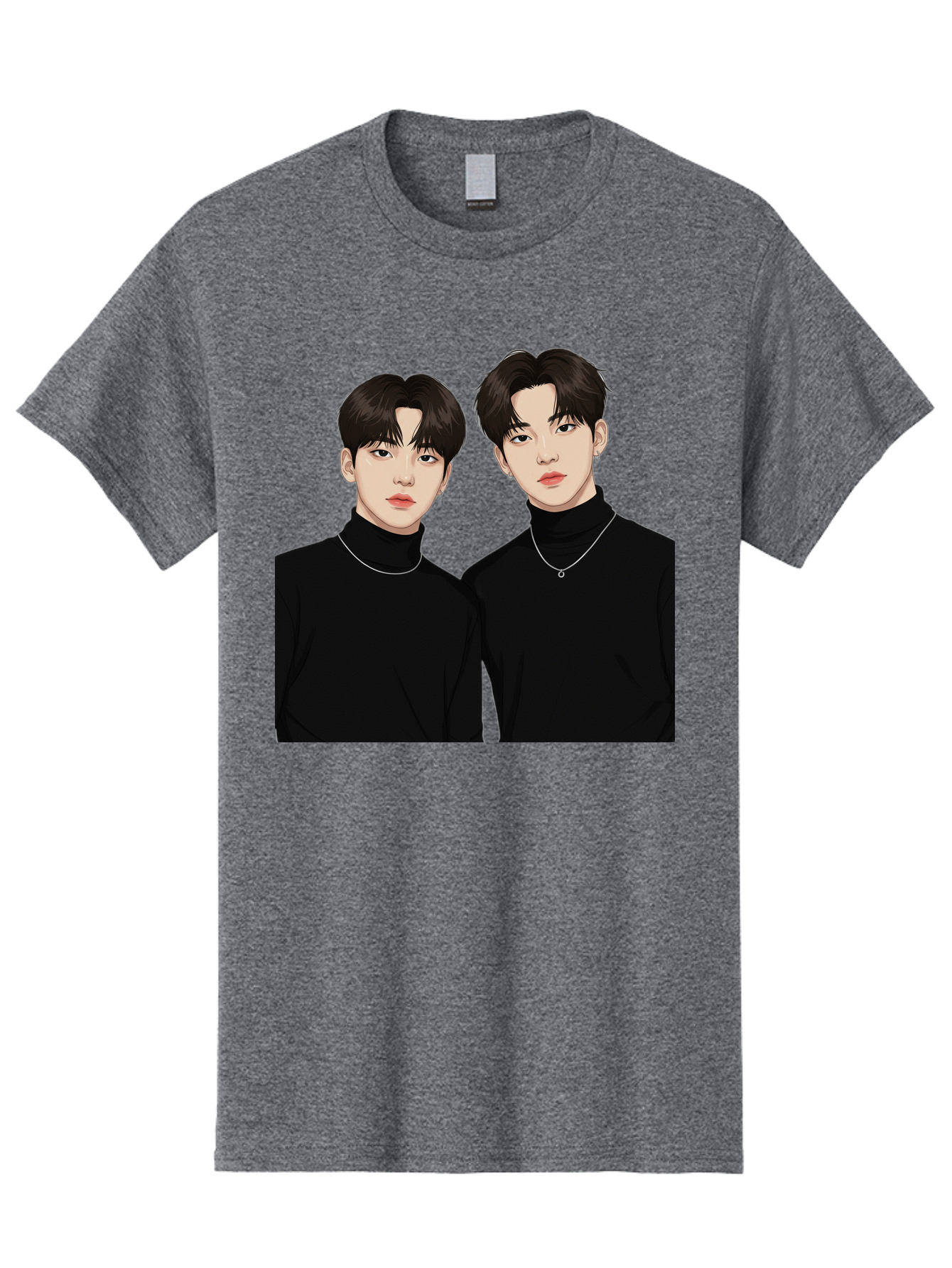 Twin-Guys Men'S Graphic Tee, 100% Cotton, Comfortable Casual Summer Wear, Machine Washable, K-Pop Idols, Male Duo, Black Turtlenecks, Silver Necklaces, Dark Hair, Digital Illustration, Pop Culture Icons, Modern Fashion, Stylish Accessories, Bac525