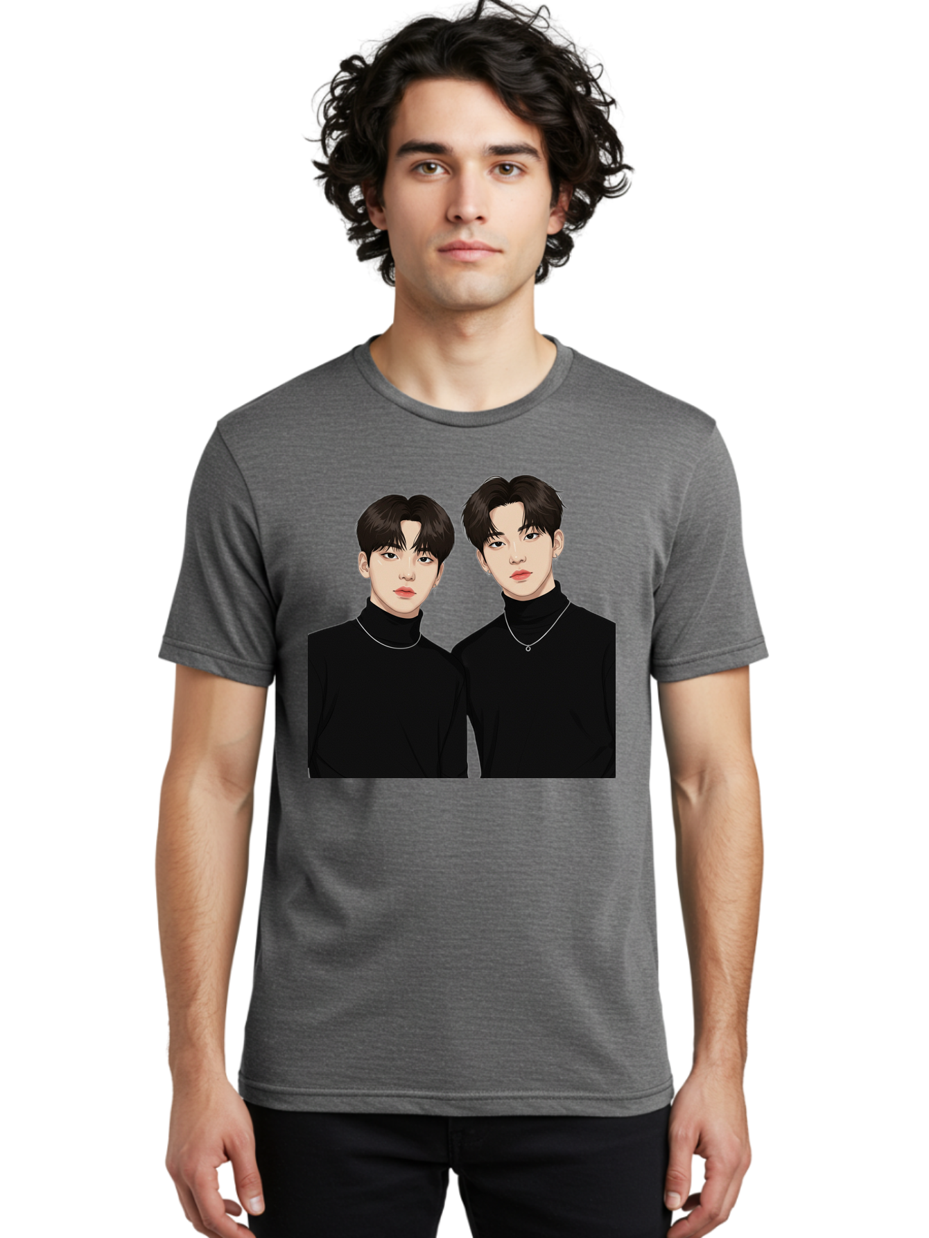 Twin-Guys Men'S Graphic Tee, 100% Cotton, Comfortable Casual Summer Wear, Machine Washable, K-Pop Idols, Male Duo, Black Turtlenecks, Silver Necklaces, Dark Hair, Digital Illustration, Pop Culture Icons, Modern Fashion, Stylish Accessories, Bac525