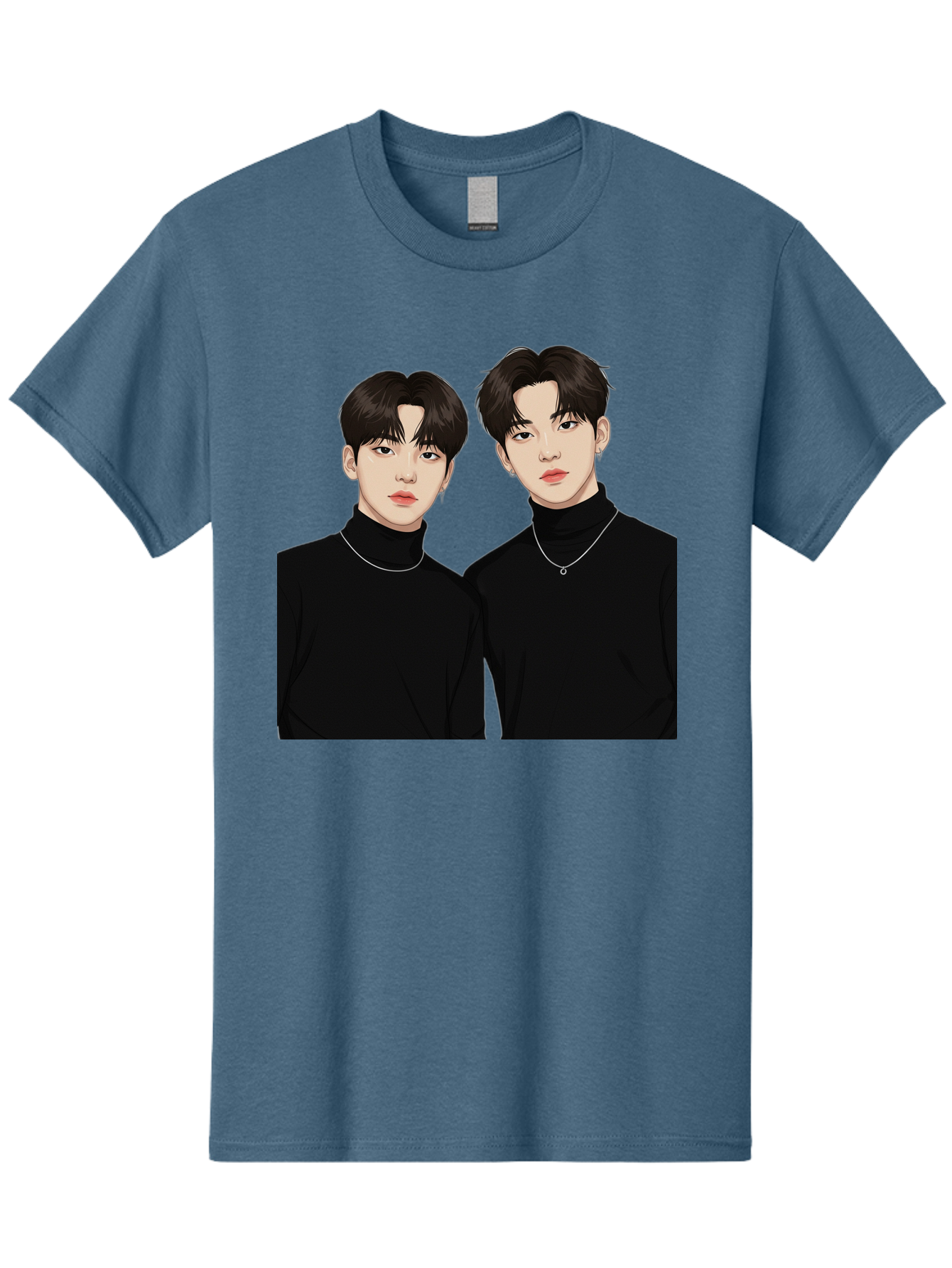 Twin-Guys Men'S Graphic Tee, 100% Cotton, Comfortable Casual Summer Wear, Machine Washable, K-Pop Idols, Male Duo, Black Turtlenecks, Silver Necklaces, Dark Hair, Digital Illustration, Pop Culture Icons, Modern Fashion, Stylish Accessories, Bac525